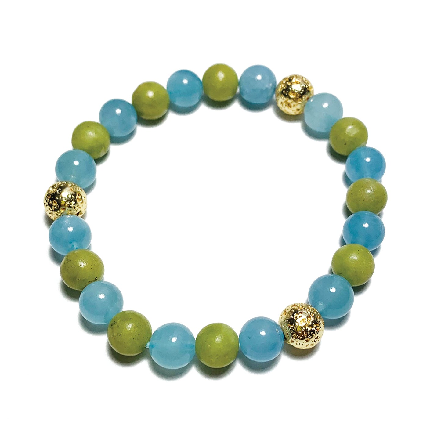 Joyfulmuze Aquamarine Serpentine Stretch Bracelet, Natural Blue and Green Round Gemstone, Handmade Spiritual Jewelry for Women Men, Gold Lava Beads, 17cm length (Aquamarine-Serpentinite-Lava Stone)