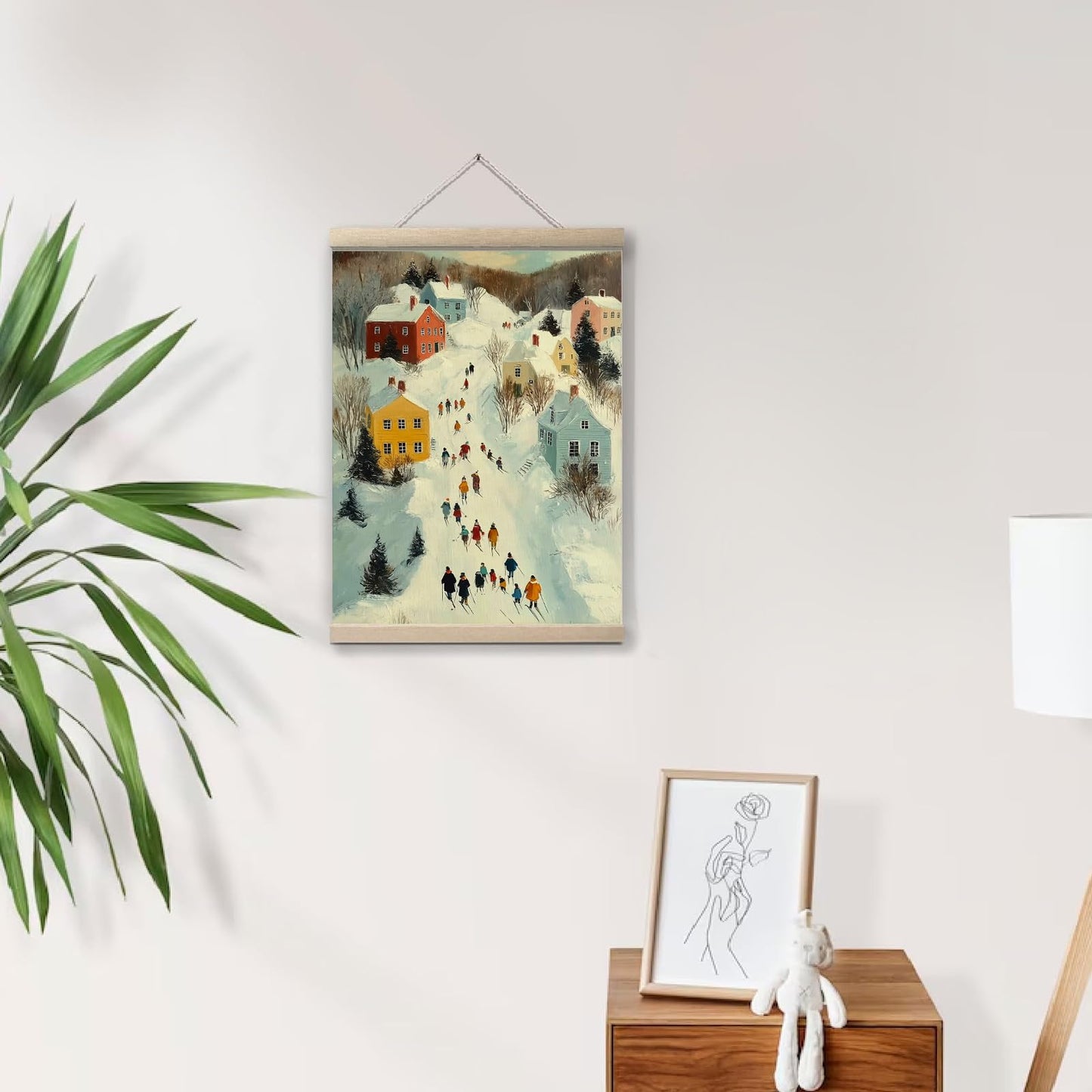 FOPENEM 16x12 Inch Winter Village Scene Wall Art – Snowy Town Canvas Hanging Print with Skating People for Holiday Decor