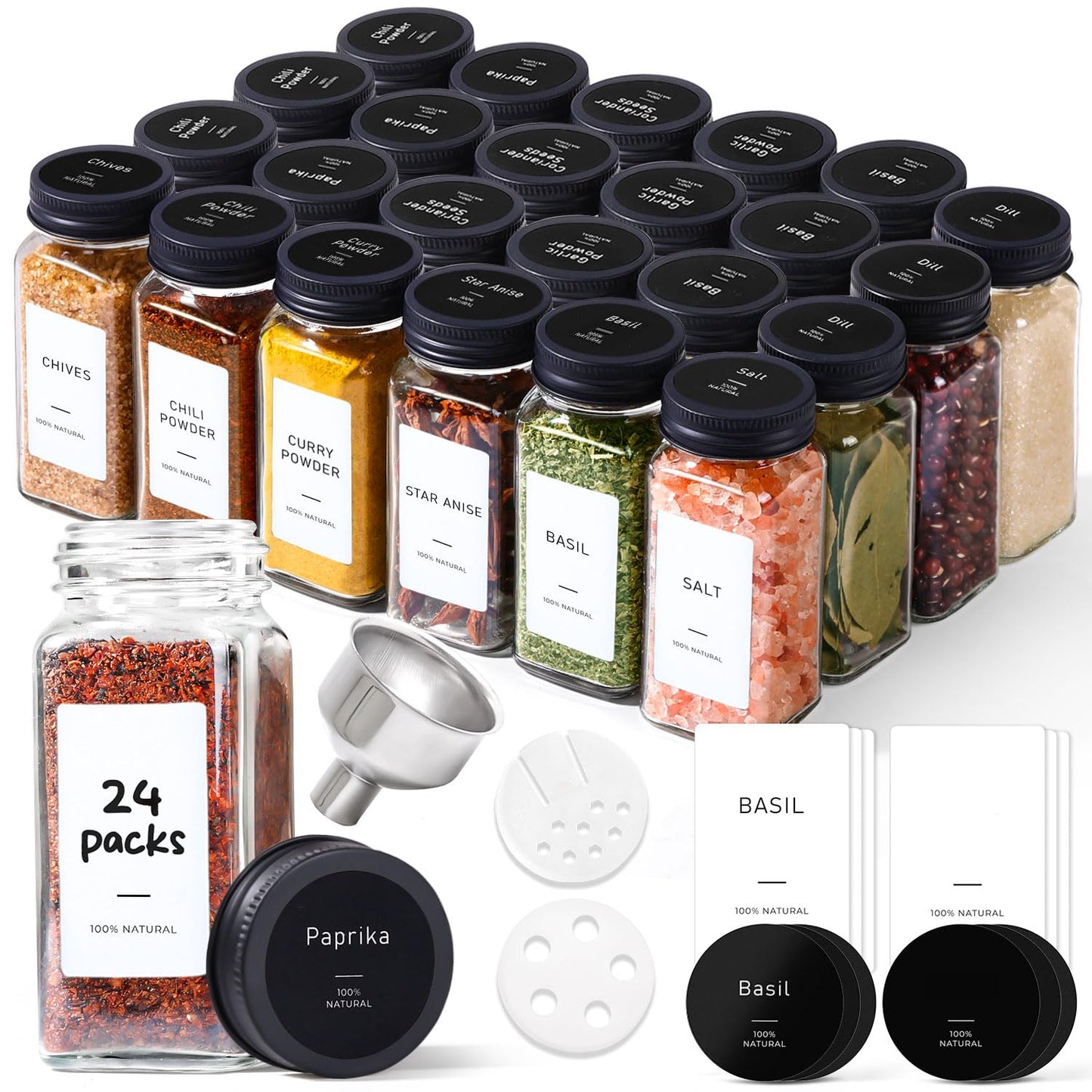 ComSaf Glass Spice Jars with Label, 24Pcs 4oz, 93 Labels, a Metal Funnel, Extra Shaker Lids, Empty Spice Containers and Square Spice Bottles for Kitchen and Seasoning