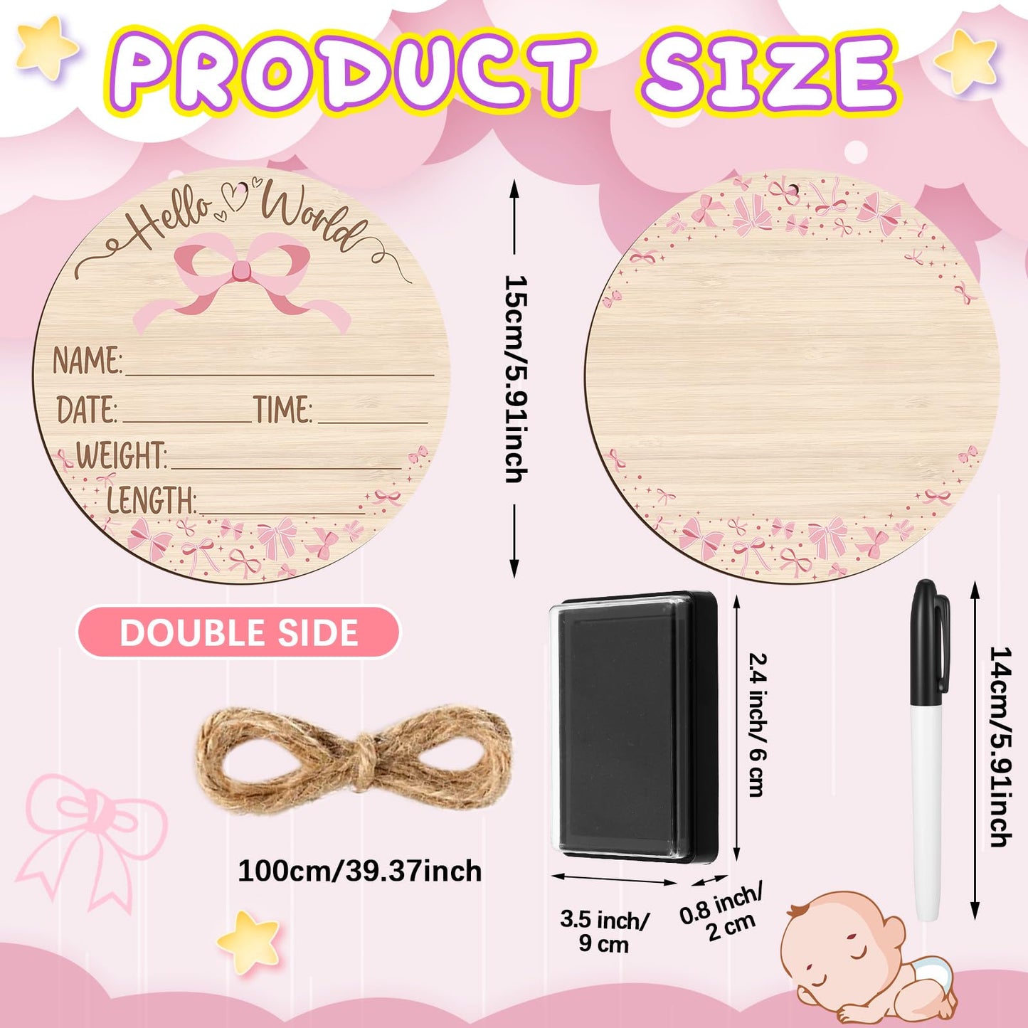 Thyle Baby Announcement Wooden Name Sign for Hospital Birth Double Sided Newborn Welcome Sign with Marker Pen and Ink Pad for Baby Shower Hand Footprints (Pink Bow)