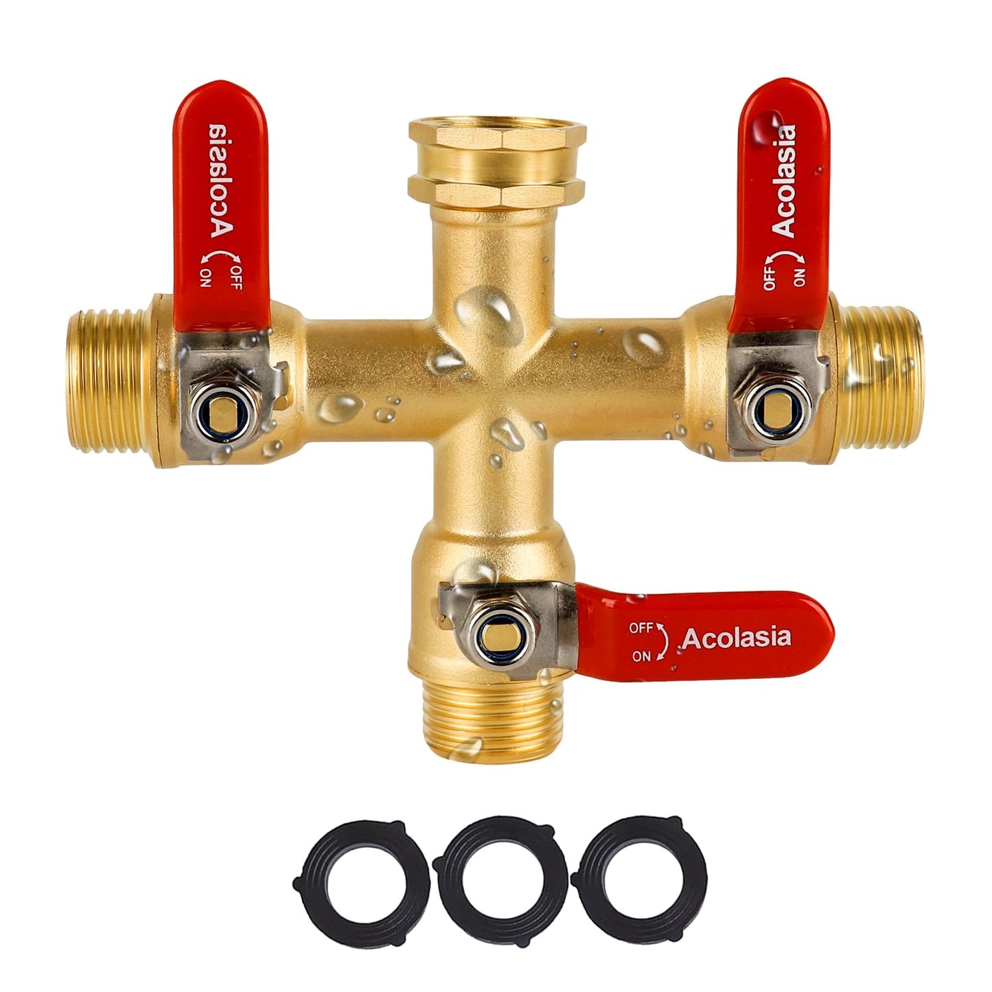 Hose Splitter 3 Way Heavy Duty Brass Garden Hose Splitter with 304 Stainless Steel Long Handle Outdoor Full Flow Hose Splitter Connector, 3/4" GHT Thread