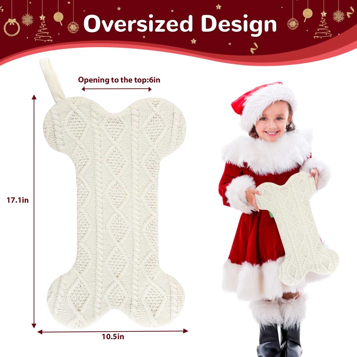 KCFESTIHUE Christmas Stocking, Large Dog Bone Shape, Super Soft Cable Knit Pattern, 18", Fireplace Hanging Holiday Decoration, Knitted Xmas Stockings for Pets, Family Party Décor, White