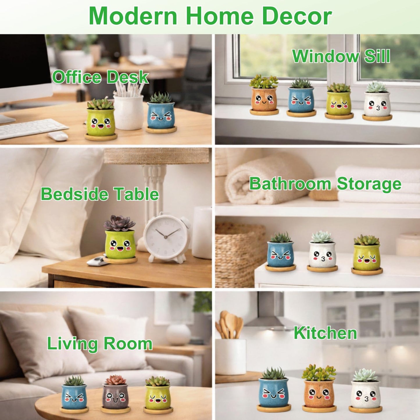 Thorkok 3 Inch Small Succulent Pots 6-Pack Cute Mini Ceramic Pots with Bamboo Tray Cactus Planters for Home and Office Decor Gift for Women, Mom, Plant Lover (Plants Not Included)