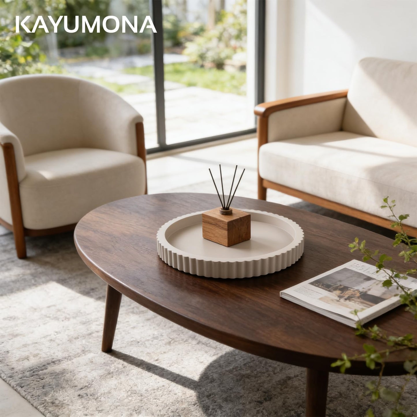 Modern Decorative Tray for Coffee Table, 11" Wooden Gray Beige Round Small Decor Tray for Candle, Perfume, Vanity, Kitchen Island Counter & Table Centerpiece