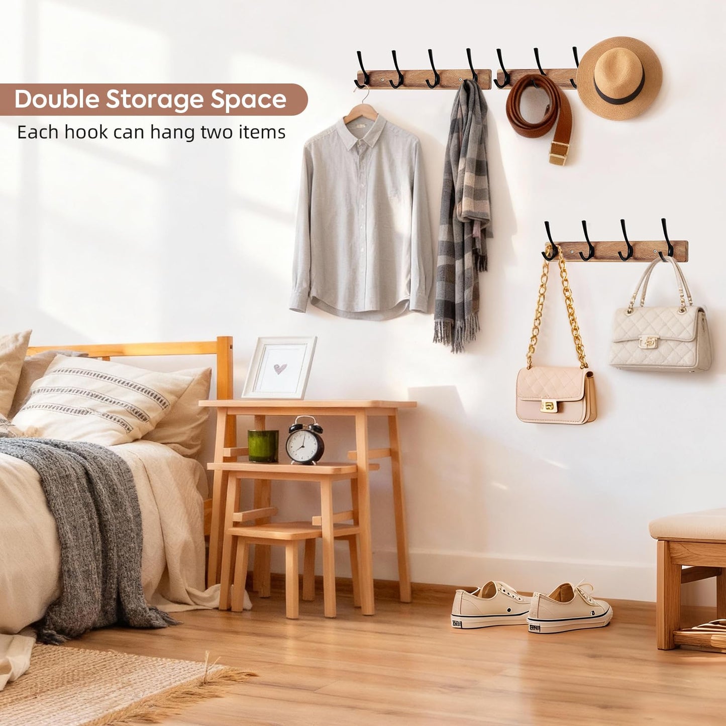 Yangbaga Coat Rack Wall Mount,Acacia Wood Coat Hooks Wall Mount,15" Wall Coat Rack with Heavy Duty 4-Double-Hooks,Hat Rack Wall Coat Hanger for Towel/Dog’s Leashes/Coat/Bag