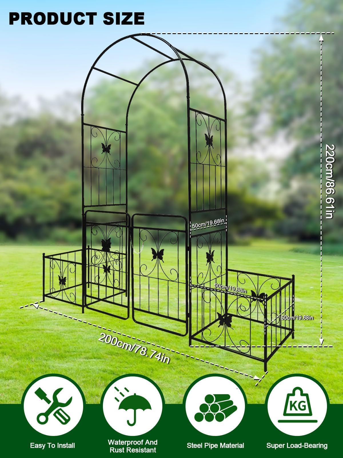Kalolary Garden Arch with Gate and Plant Box, Heavy Duty Metal Butterfly Garden Arbor for Climbing Plant Raised Bed Rose Vines Climbing Support for Lawn Backyard Patio Outdoor Decor (86.6"x79.8"x20")