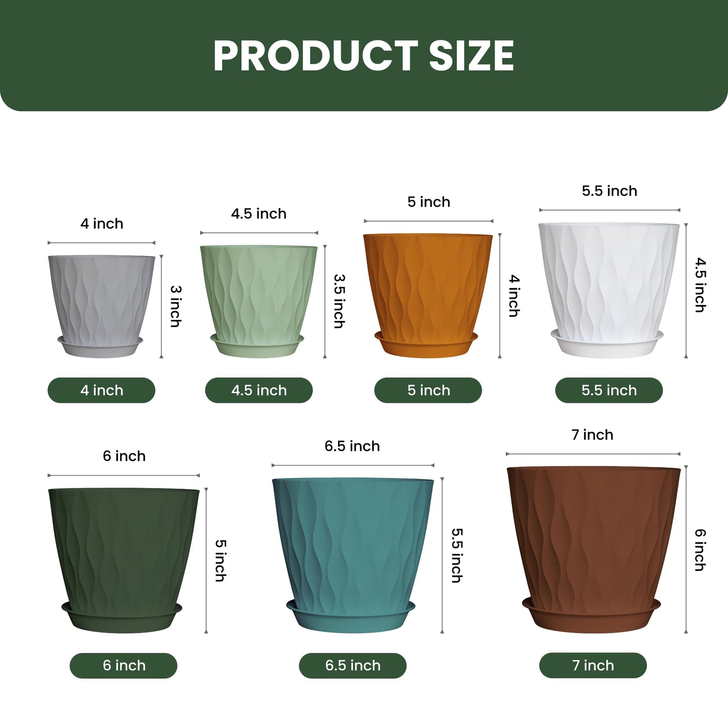 LESOASIS 7/6.5/6/5.5/5/4.5/4 inch Plastic Plant Pots, 7 Pack Flower Planter for Indoor Outdoor Plant, Planters with Drainage Holes and Trays (Colorful)