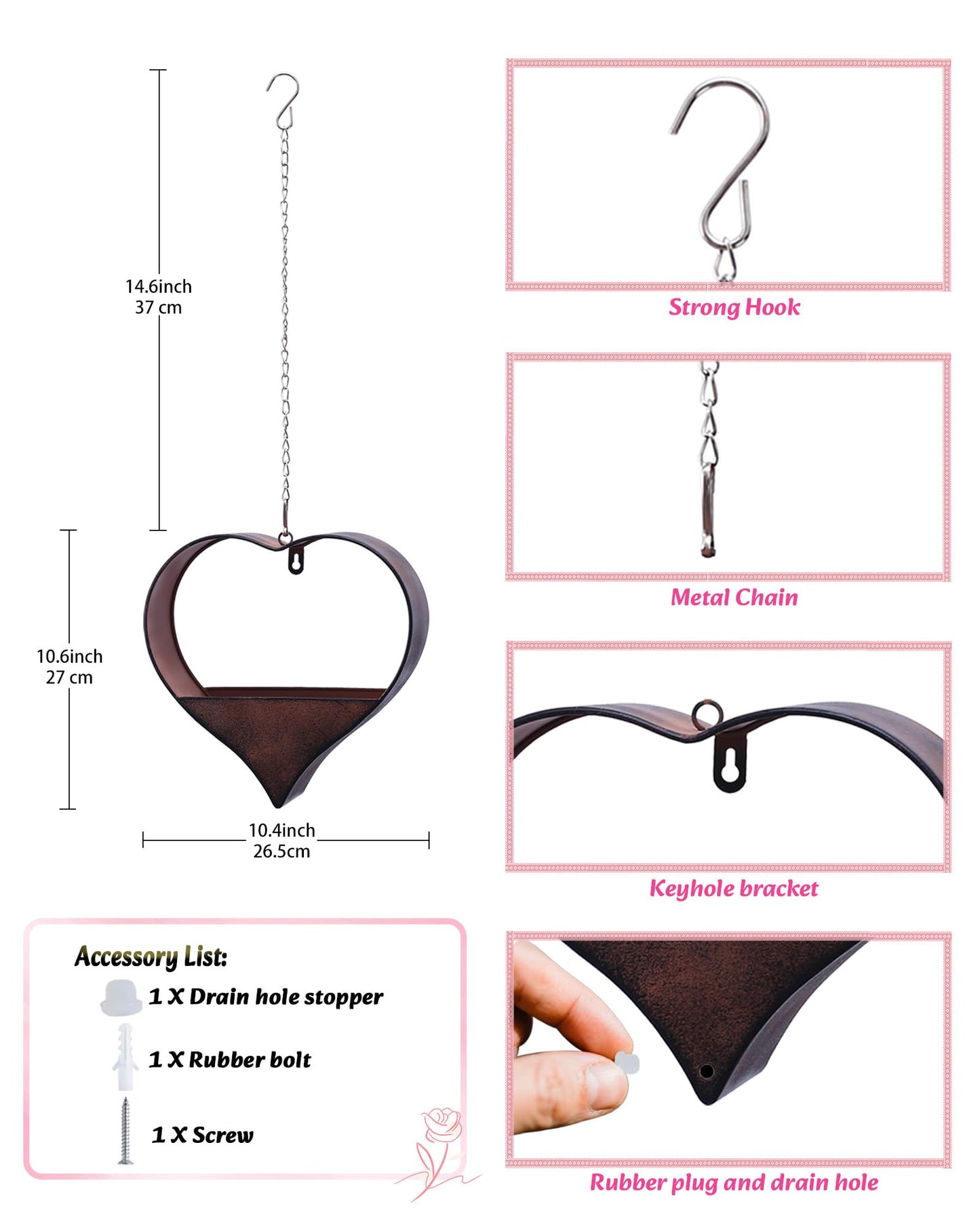 Philodwell Metal Plant Hangers Indoor and Outdoor: Easter Gifts for Mom Women Her Wife Garden Lovers Birthday - Heart Shape Hanging Planters for Window Wall Living Room Office Decor(Rustic)