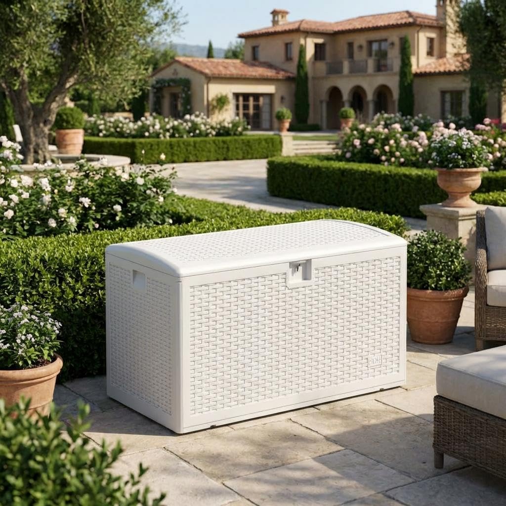 73 Gallon Waterproof Large Resin Deck Box Indoor Outdoor, Lockable Storage Container for Patio Furniture Cushions, Throw Pillows, Garden Tools, and Pool Floats, White