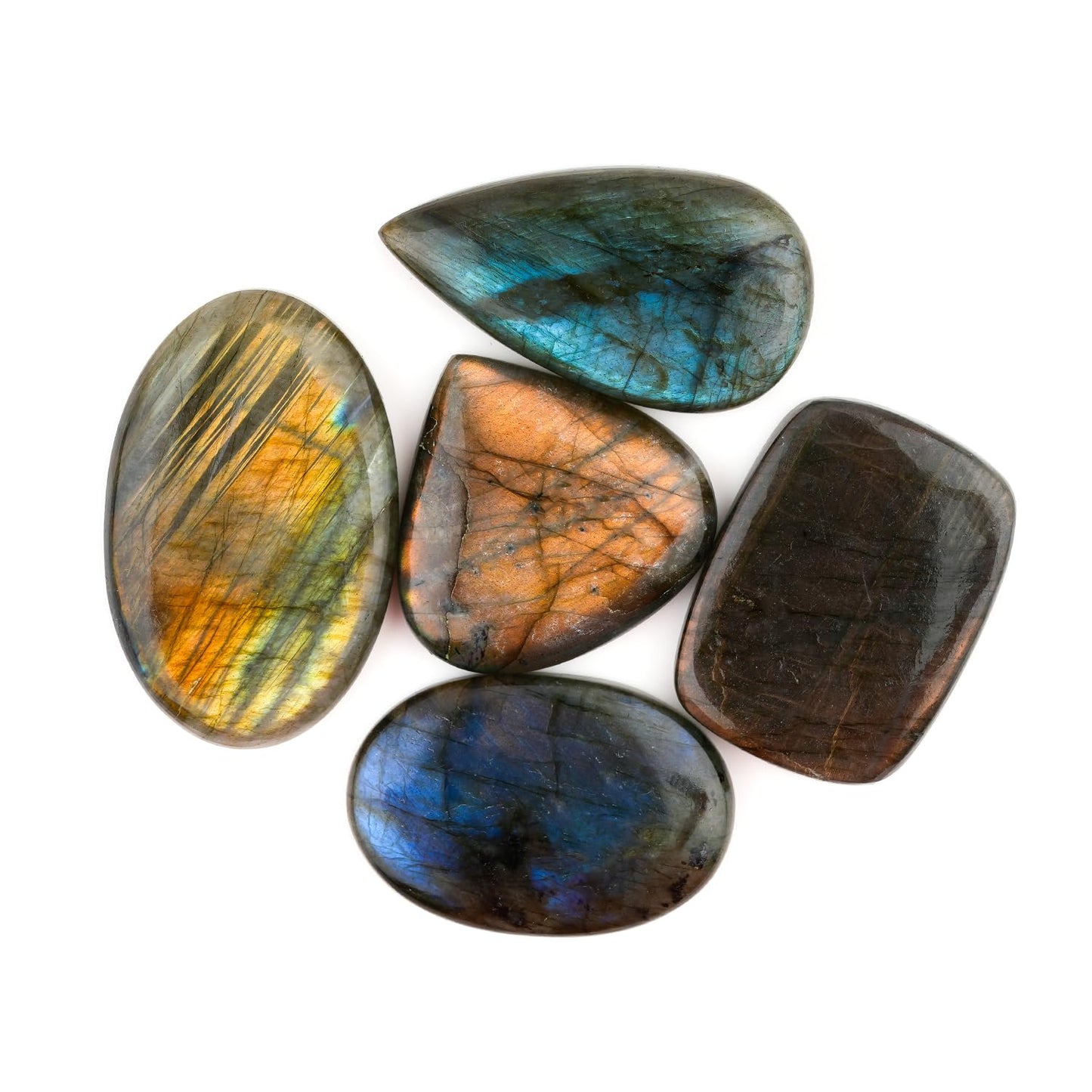 CRYSTALINES 5pcs Natural Labradorite Gemstones, Bulk Flatback Cabochon, Polished Stones, DIY Jewelry Making, Healing Crystals, Wholesale Assorted Loose Supply, Wire Wrapping, Gem Collection