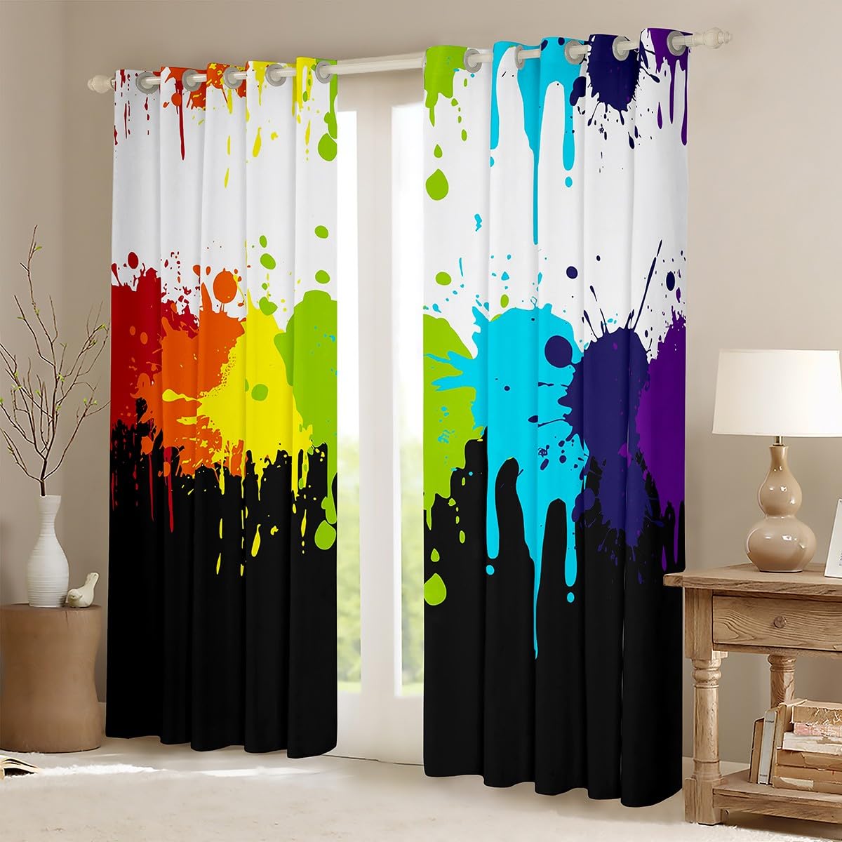 Erosebridal Rainbow Tie Dye Blackout Curtains 76Wx45L,Colorful Splash Paint Window Curtains Home Dorm Room Multicolor Grafitti Curtains Luxury,Modern Abstract Window Drapes Black White