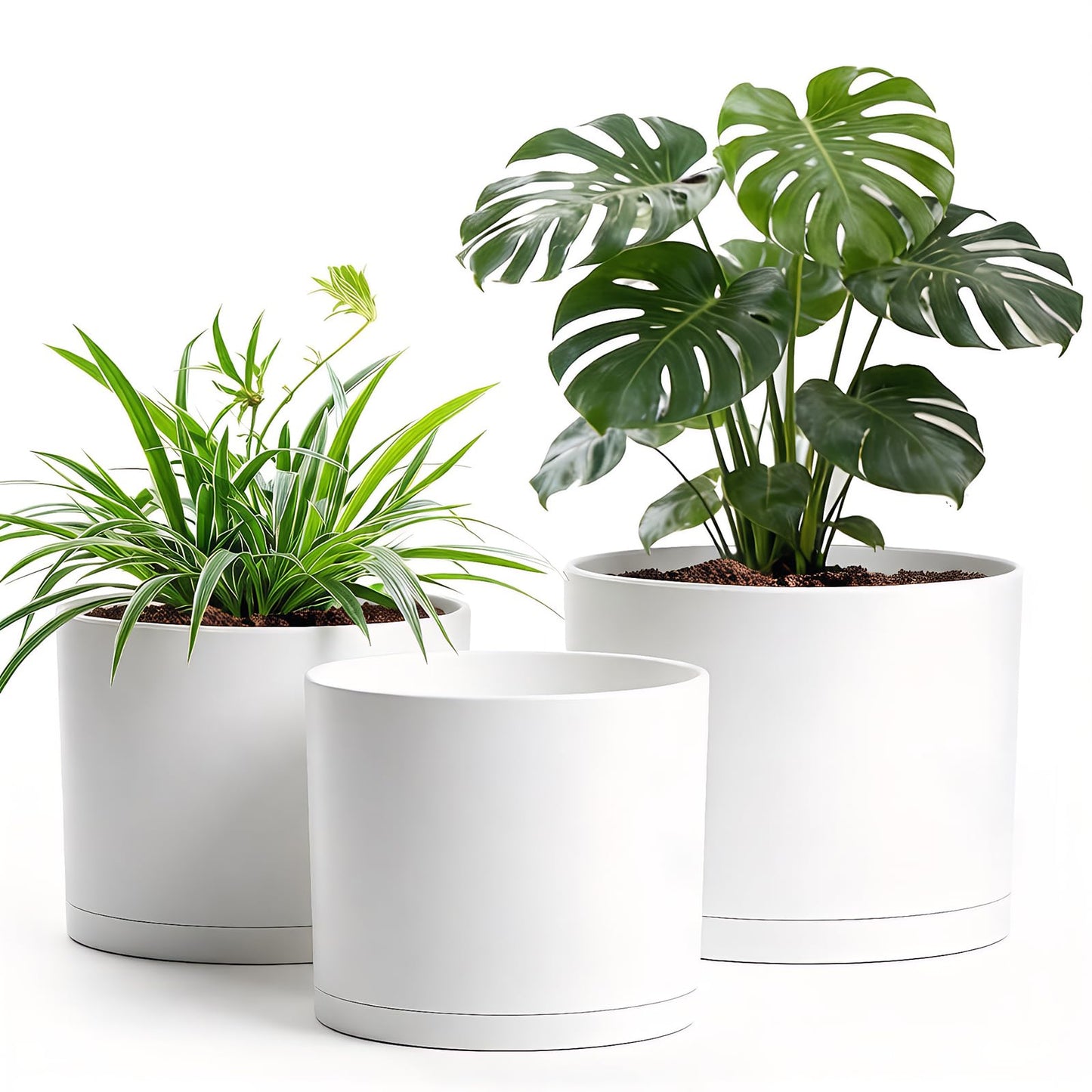Areutxbis 10/9/8 Inch Large Plant Pots with Drainage Holes and Trays, 3 Pack Modern Minimalist Cylinder Planters for Monstera, Snake Plant, Indoor Outdoor (Matte White)