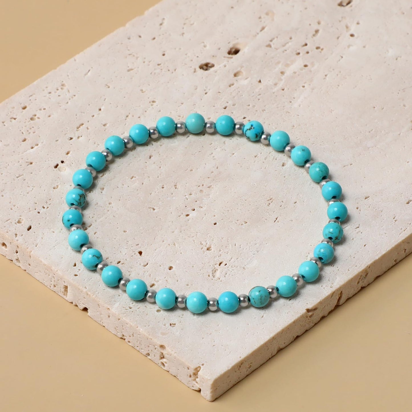 QOGIR Blue Turquoise - Stone of Wisdom - Stainless Silver Beads Natural Gemstone Stretch Elastic Dainty Healing Beaded Bracelets Gifts 4mm