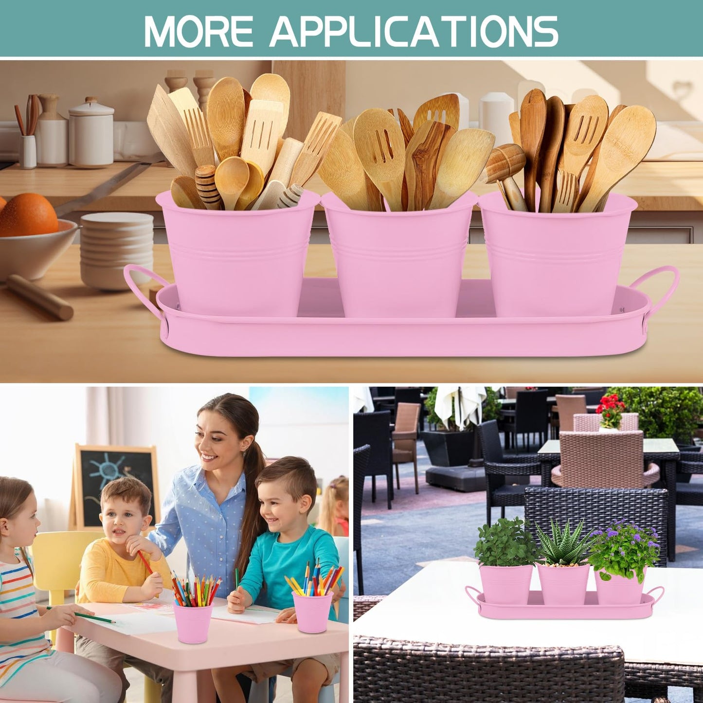 Linzenter Indoor Herb Garden Set of 3 with Tray and 3 Types of Gardening Tools, Metal Plant Pots Herb Garden Planter Kit with Drainage for Plants (Pink)