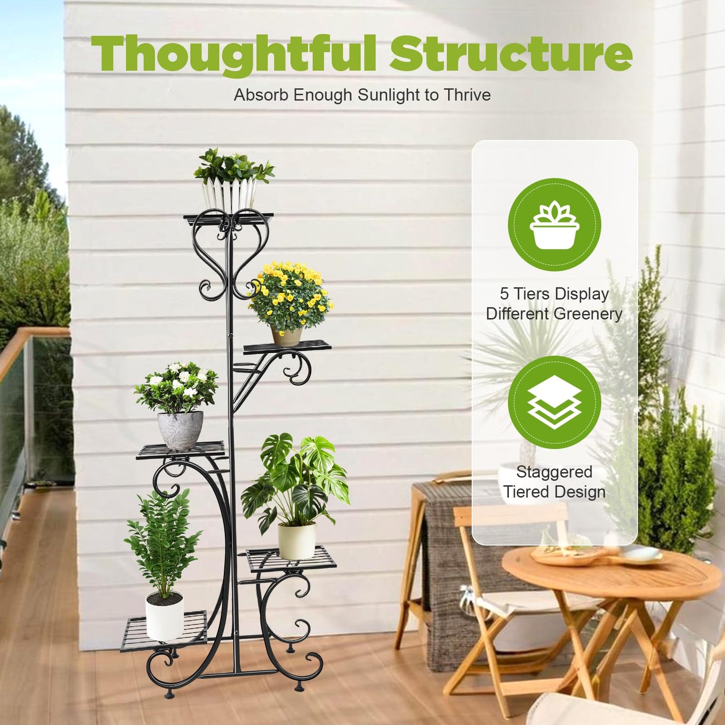 5 Tier Metal Plant Stand Indoor Outdoor, Upgraded Tall Iron Spiral Corner Plant Shelf- Tiered Storage Flower Pot Holder Display Organizer for Balconies, Living Rooms, Courtyards, Gardens, Black