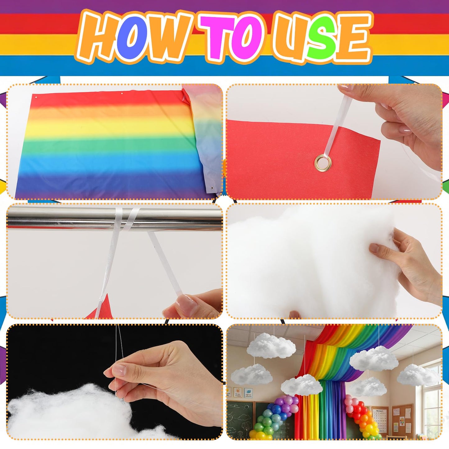 Teyva Daily 7 Pcs Rainbow Party Ceiling Decorations Kit 13.12 x 4 ft 3D Rainbow Ceiling Hanging Bunting Banner Decorations with 6 Pcs Clouds Hanging Decor for Classroom Birthday Nursery Daycare Decor