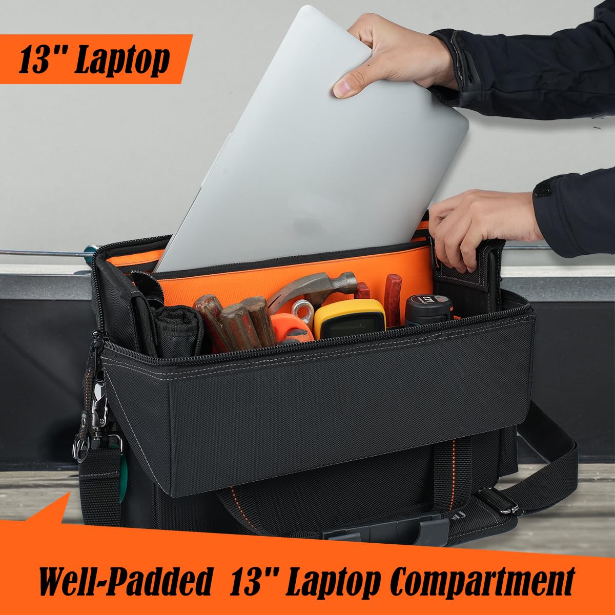 WELKINLAND 25-Pocket Electrician Tool Bag & Small Tool Bag Set, Wide-Opening Technician Tool Bags, Tools Bag W/ 13'' Laptop Compartment, Stay-Up Travel Tech Tools Bag, HVAC Service Tech Tool Bags