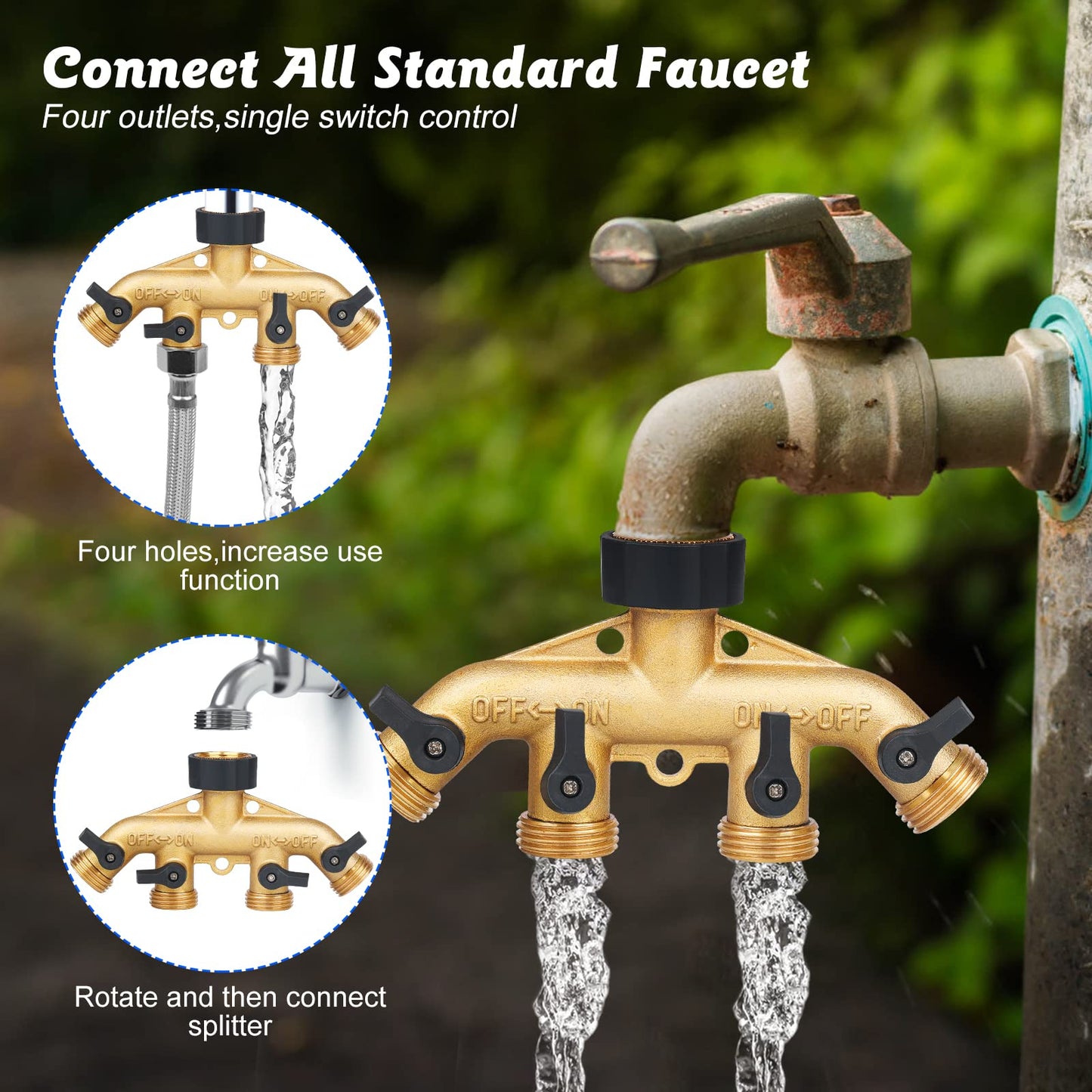 Garden Hose Splitter 4 Way Heavy Duty Brass Connector Tap Splitter (4WAY)