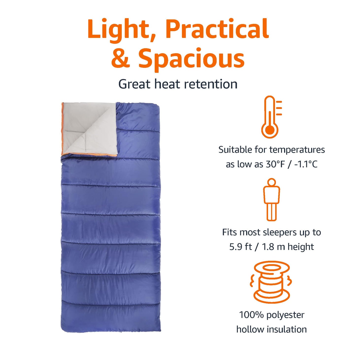 Amazon Basics 30°F Cool Weather Sleeping Bag for Adults, Warm and Comfortable, Compact Lightweight, 75" x 33", Blue