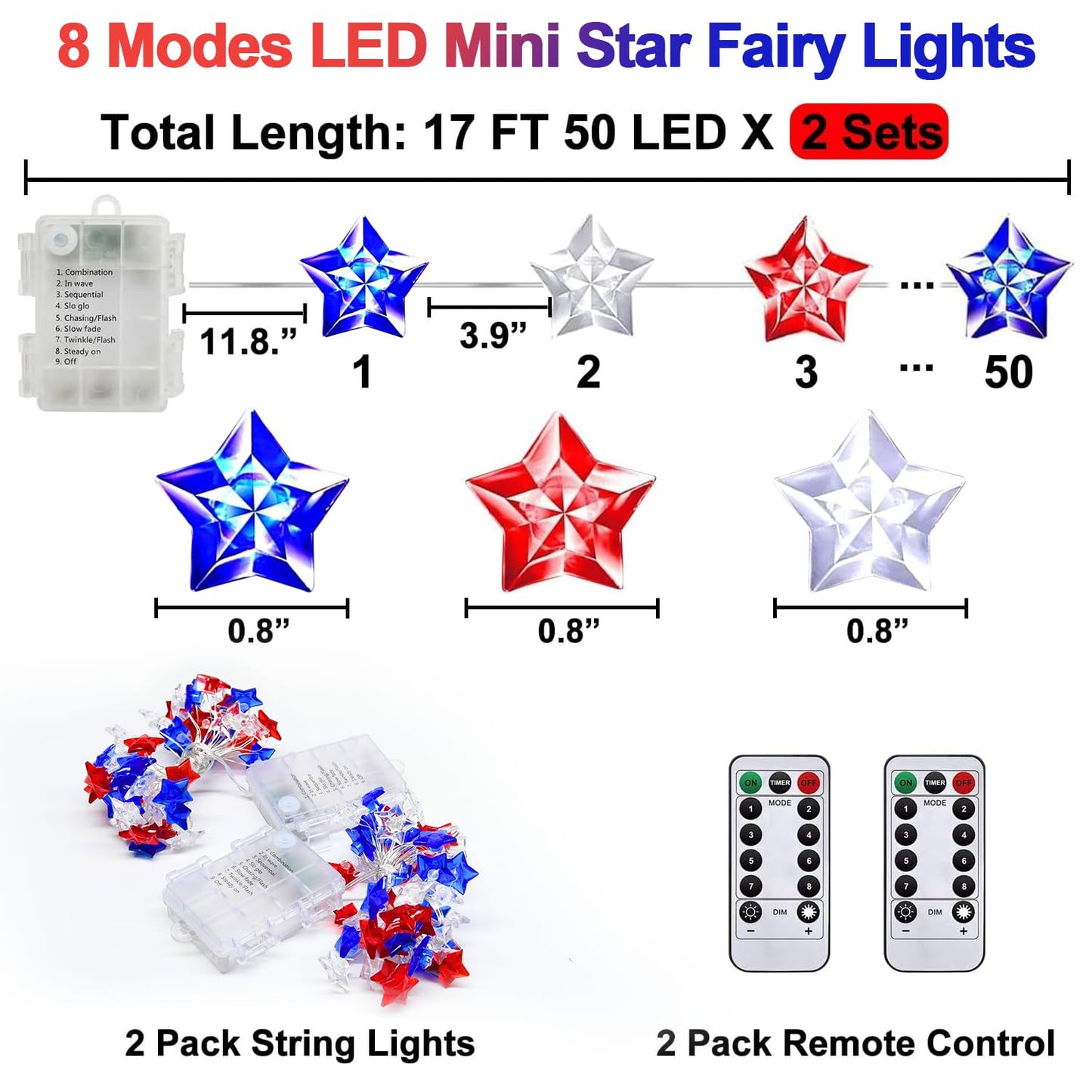 100 LED 4th of July Decorations American Star Fairy Lights Battery Operated, 2 Sets Mini Red White and Blue Star Twinkling Lights Remote & Timer with 8 Modes for Home Memorial Day Patriotic Decor