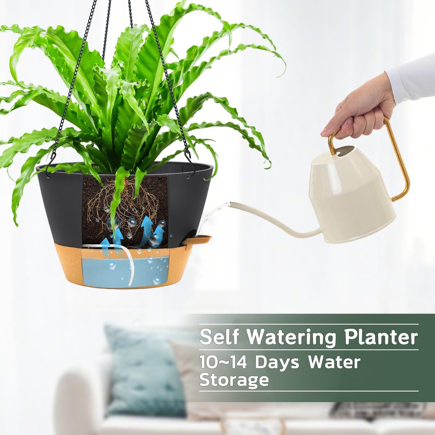 ZMTECH 12 Inch Hanging Planters for Indoor, 2 Pack Large Hanging Plant Pot with Visible Water Level and Chain, Self Watering Hanging Flower Pot for Outdoor Garden Porch(Dark Gray)