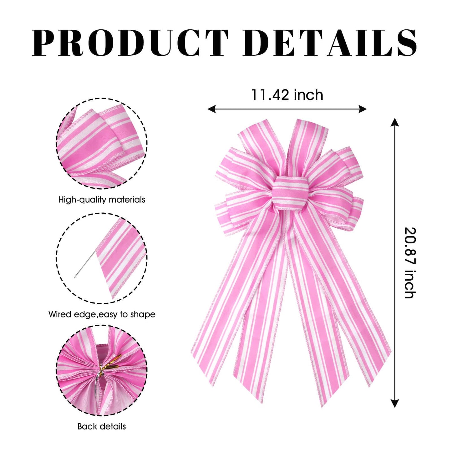 NUVCELKA Pink White Striped Wreath Bow for Front Door, 20x11 Inch Large Premade Girl Baby Shower Bows, Spring Easter Decorate