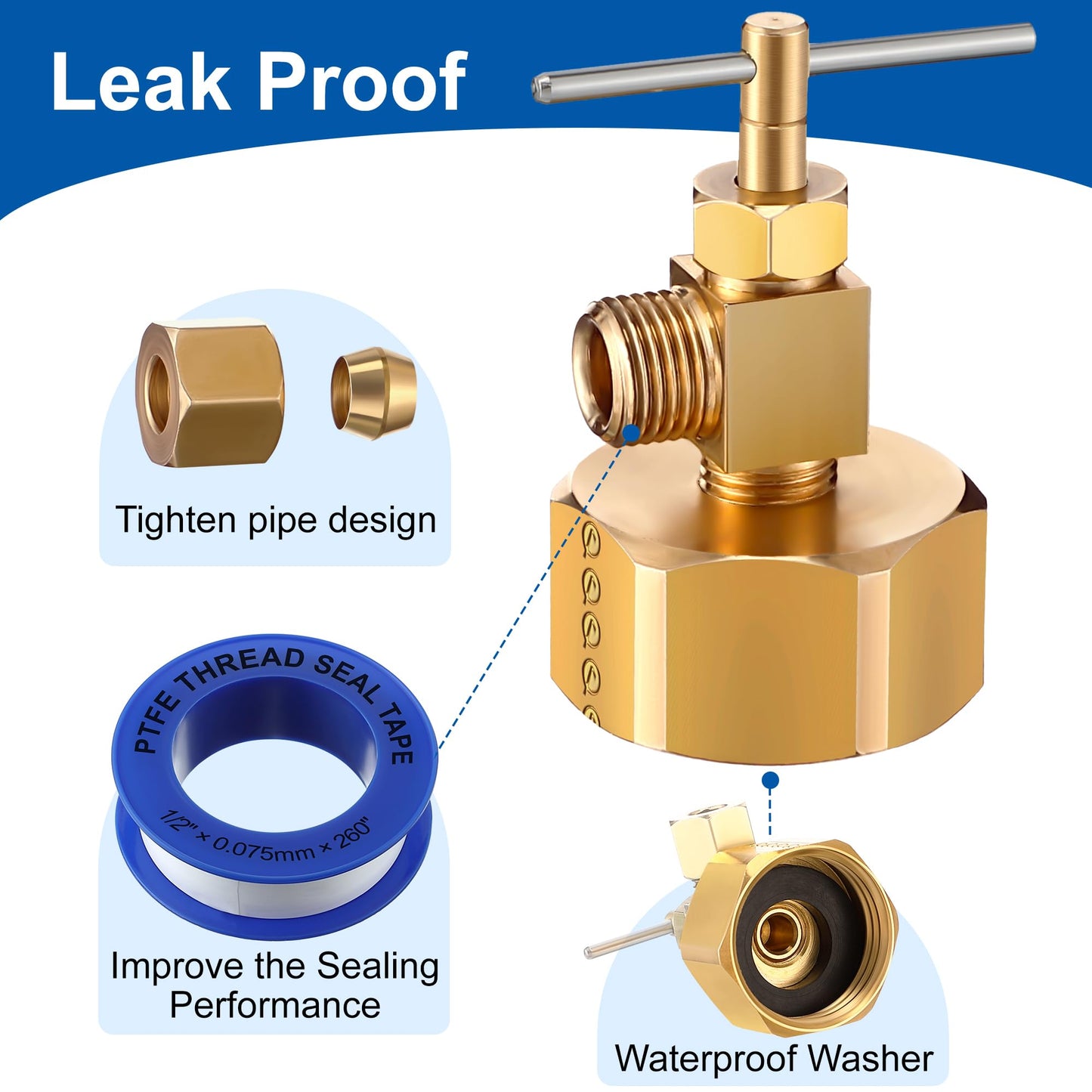 Enhon 3/4 Female Garden Hose Thread by 1/4 Compression Needle Valve Brass Adapter, Brass Adapter with Washer and PTFE Thread Seal Tape, Water Hose Tool for Swamp Cooler Ice Maker