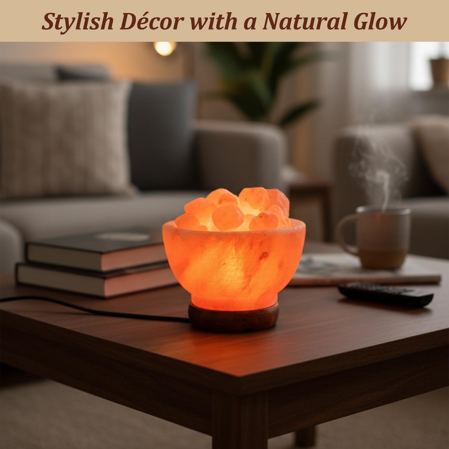 POHS Himalayan Pink Salt Lamp Bowl – Authentic from Pakistan, Natural Crystal Chunks, Dimmable Warm Glow Light, Premium Wooden Base – Relaxation, Bedroom Decor & Gift
