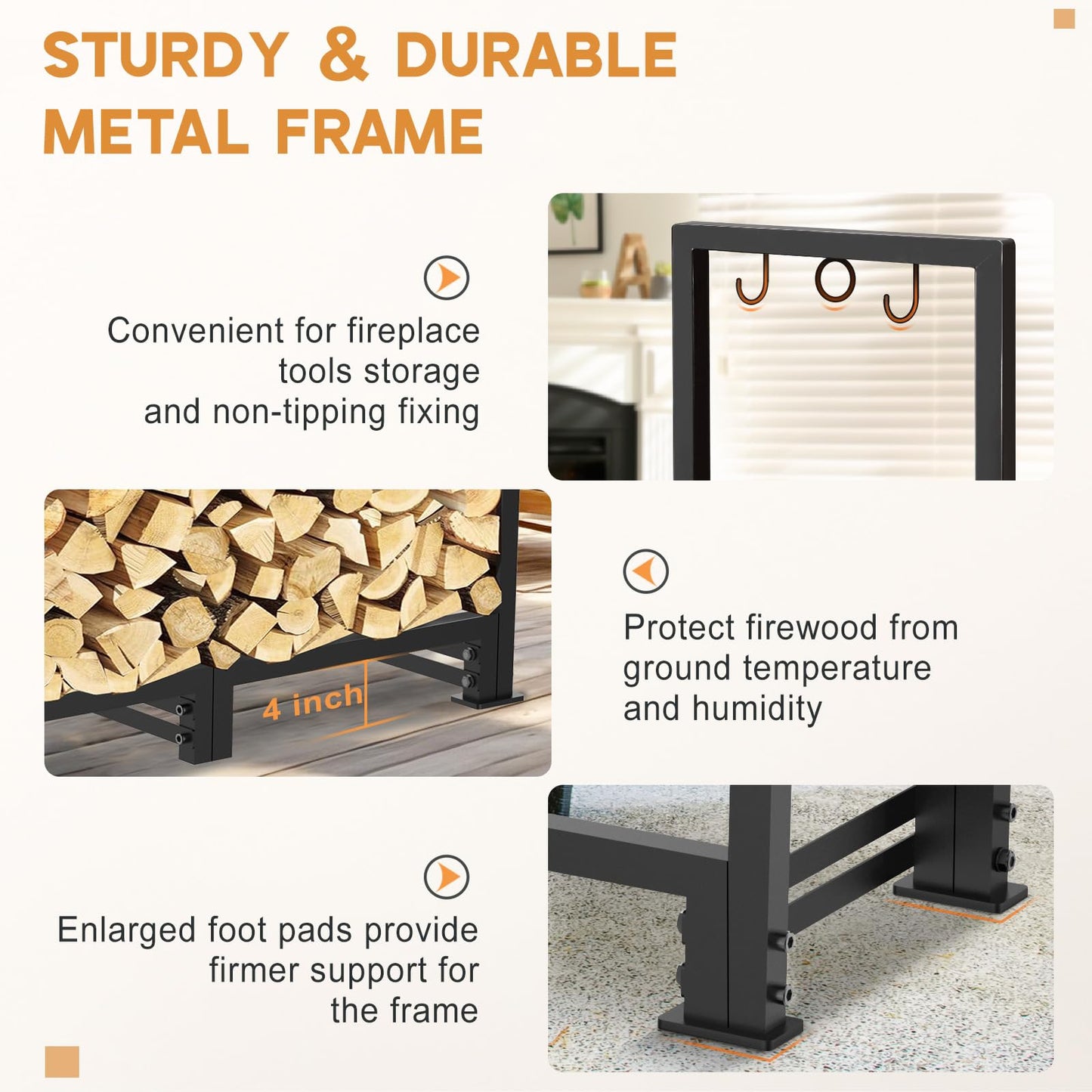 LOENIY 4ft Firewood Rack Outdoor with Waterproof Widened Cover, Heavy Duty Firewood Holder includes Carrier Bag, Powder-coated Wood Rack with Hooks, Firewood Storage Rack for Fireplace Deck Patio