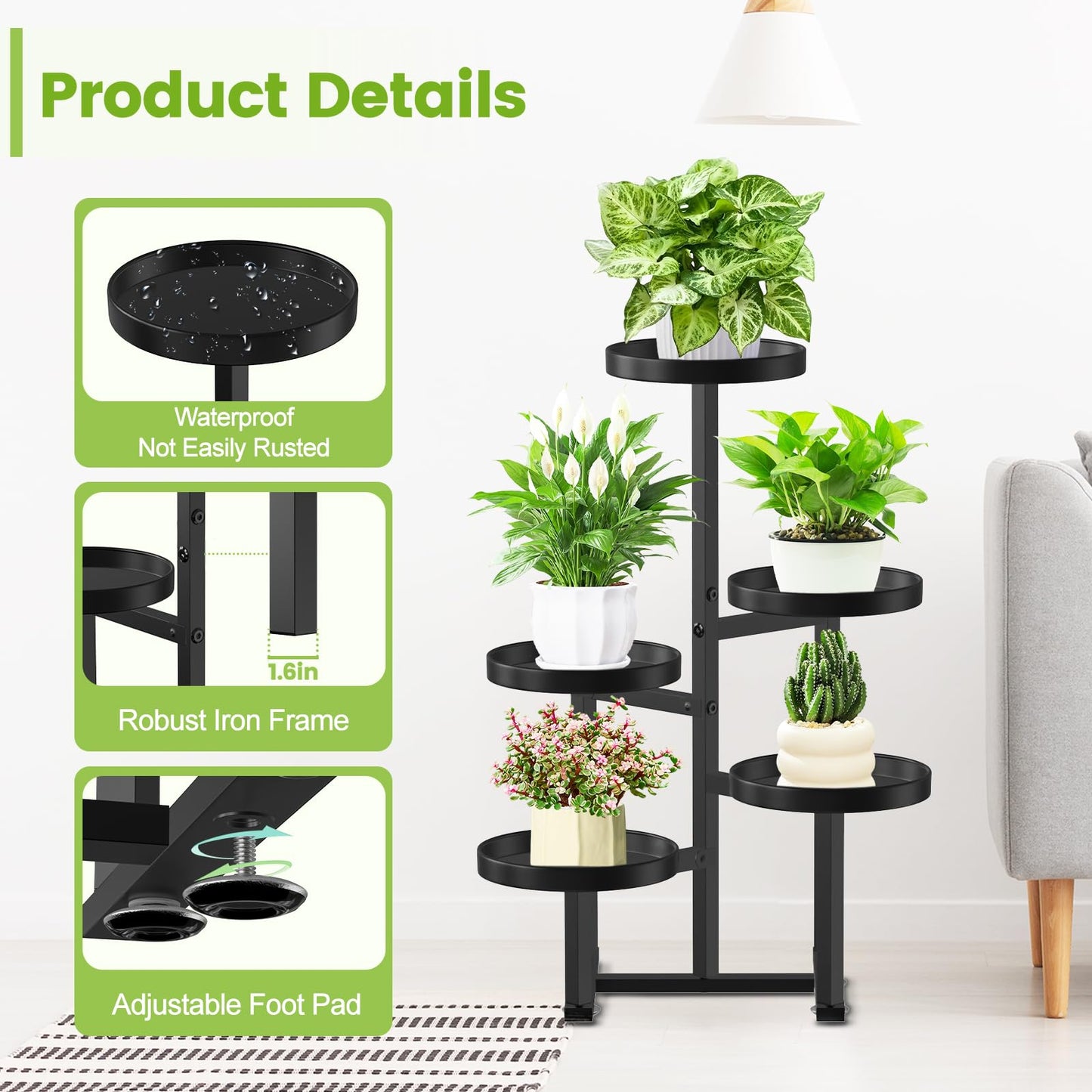 jsyonii 5 Tier Metal Plant Stand Indoor, Tiered Corner Plant Holders for Multiple Plants, 27 Inch Tall Flower Pot Holde Display Stand for Patio Garden Living Room Balcony Bedroom, Black