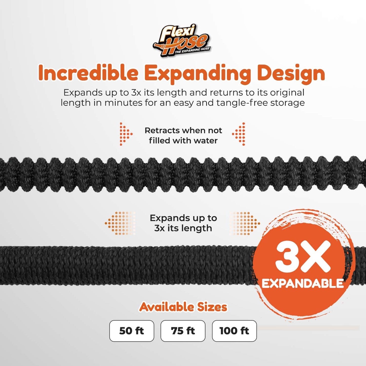 Flexi Hose Lightweight Expandable Garden Hose, 25FT -Retractable Garden Hose, Water Hose - No-Kink Flexibility, 3/4 Inch Solid Brass Fittings and Double Latex Core
