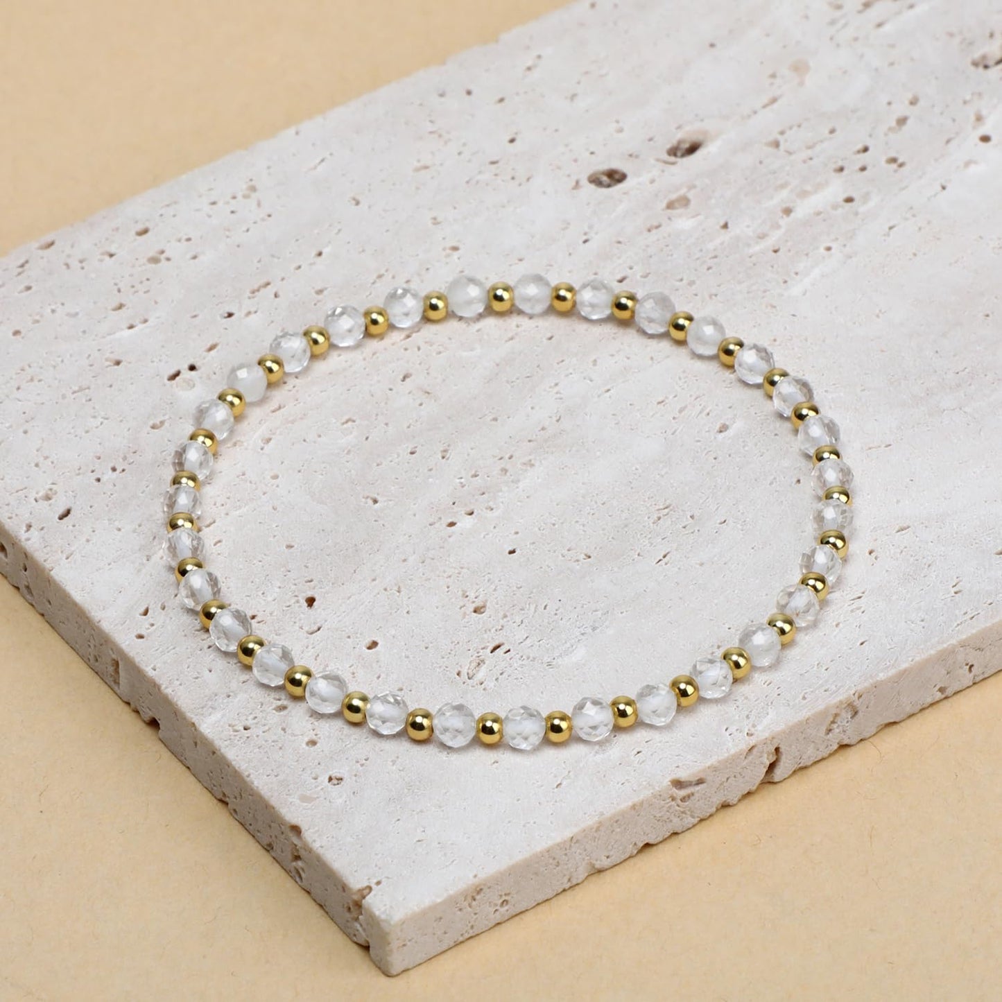 QOGIR Clear Quartz - Amplification - 14K Gold Plated Beads Natural Gemstone Stretch Elastic Dainty Healing Beaded Bracelets Gifts 4mm