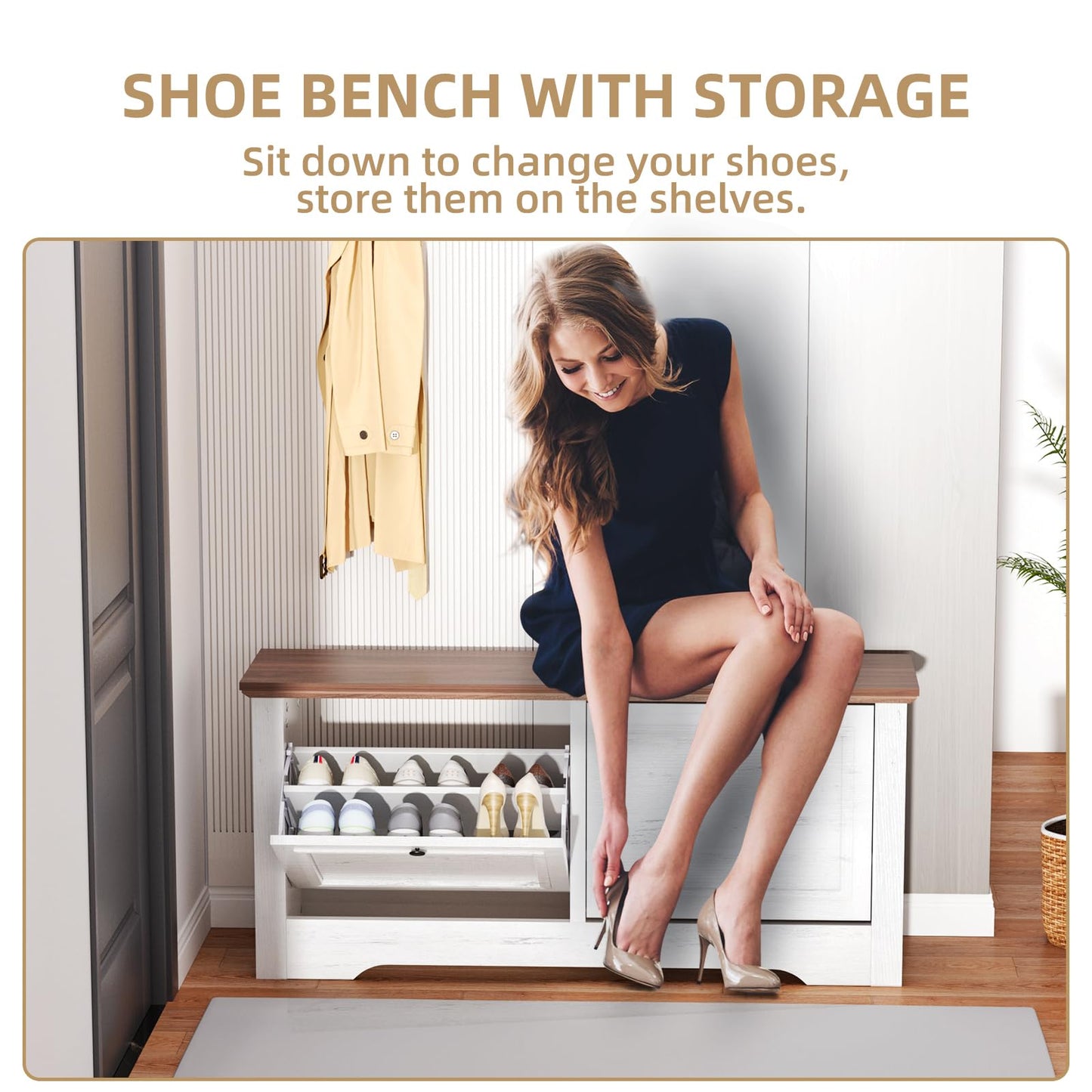 TOOBVEST Shoe Storage Bench with Flip Drawers, Entryway Shoe Cabinet with Seat, Wooden Shoe Organizer Bench for Hallway, Foyer, Living Room, Small Space, White Walnut