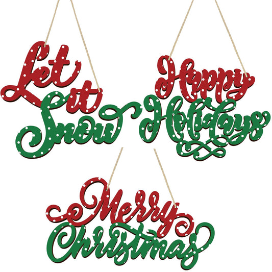 Suzile 3 Pcs Merry Christmas Wooden Wall Door Hanging Sign Let It Snow Wall Decor Happy Holidays Red Green Point Wood Christmas Sign for Xmas Tree Front Door Wreath Porch Indoor Outdoor Home Decor