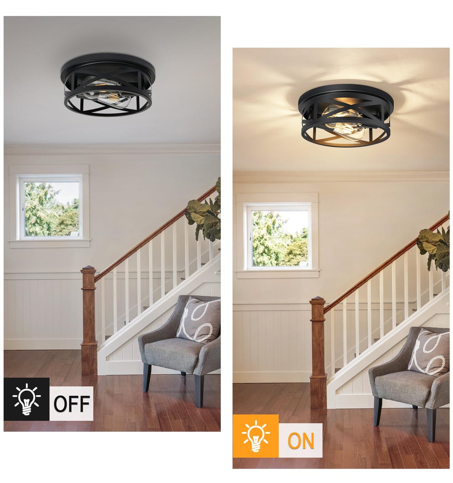 Elekeed 2-Light Flush Mount Ceiling Light Fixture, Farmhouse Ceiling Lights for Kitchen, Modern Black Close to Ceiling Light for Hallway Bedroom Balcony Porch Stairway, E26, (2 Pack)