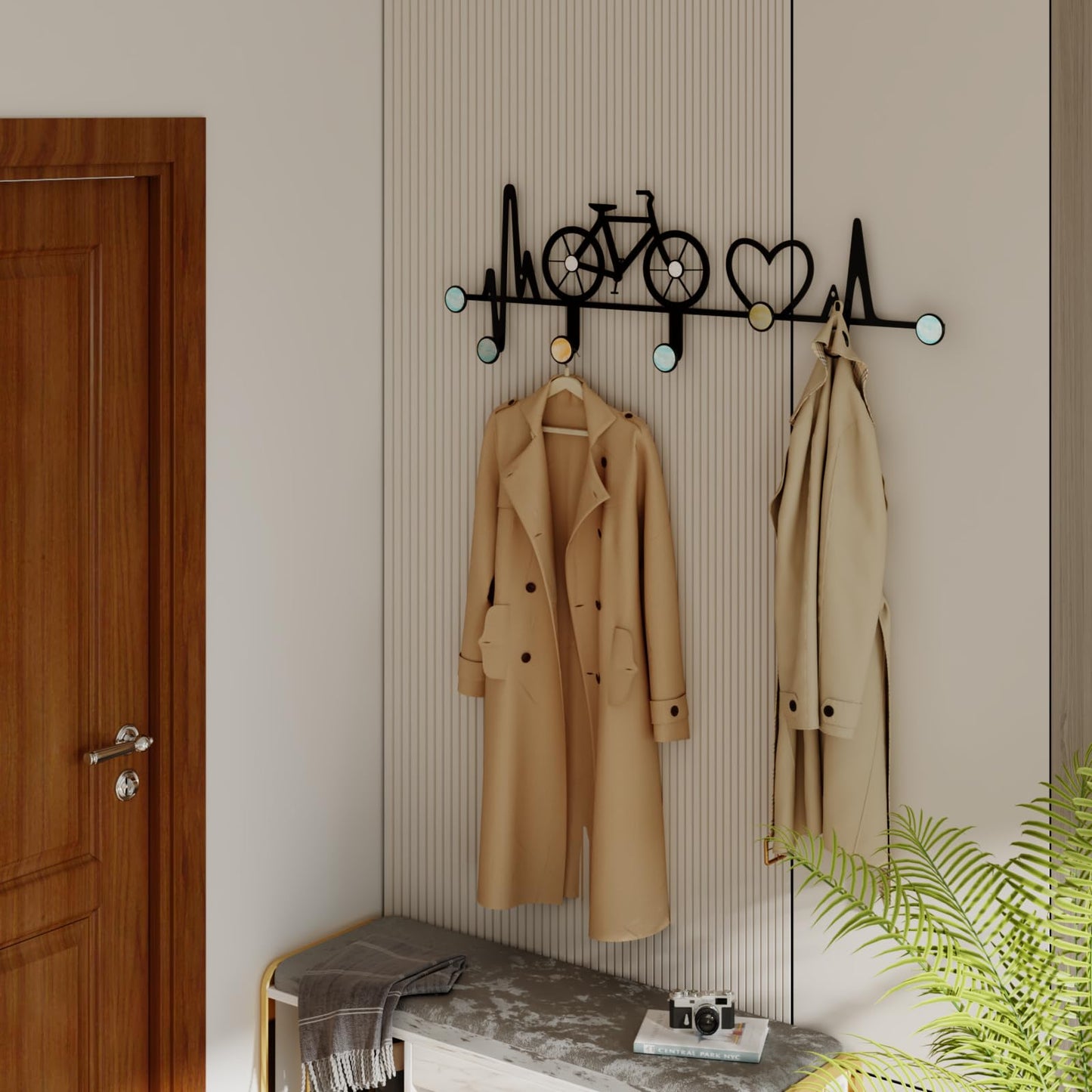 AORCUSHI 7-Hook Wall Mounted Coat Rack, Creative Note & Bicycle Design with Natural Seashell Decor, Heavy Duty Entryway Hanger for Hallway, Wall Decoration Bedroom, Includes Hardware and Adhesive