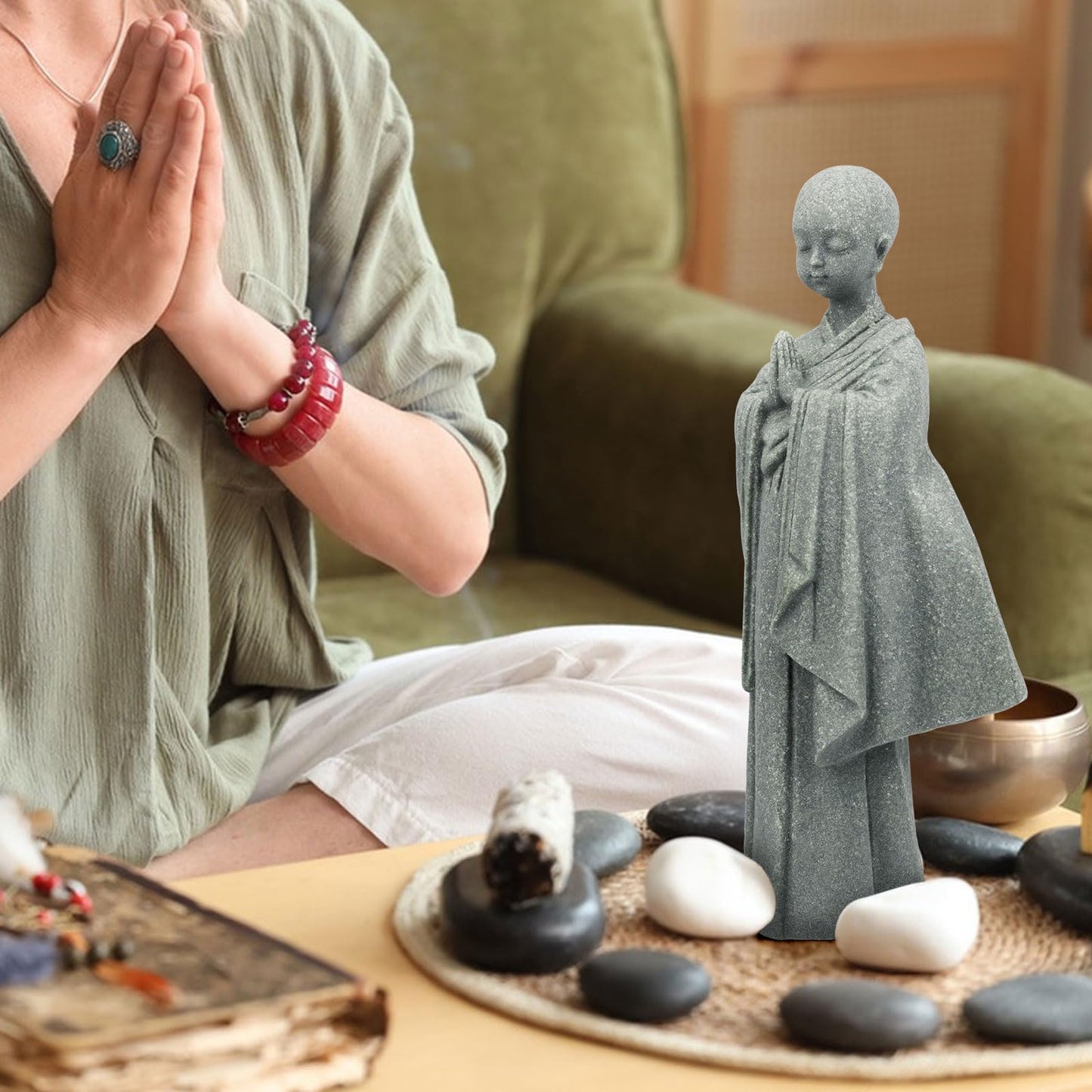 BEIZHAN Stone Buddha Statue for Home, Meditating Monk Statue with Praying Hands, Exquisite Asian Zen Decor for Home/Office (5.3 Inch)