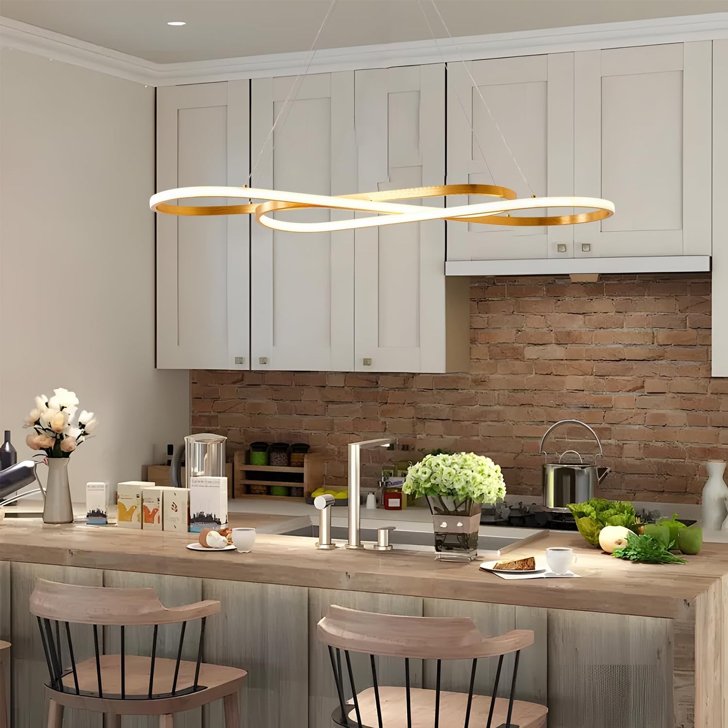 Gold Led Chandelier for Kitchen Island Lighting,Dimmable Modern Chandelier for Dining Room, L39.4" Modern Led Pendant Light Fixture Height Adjustable Brushed Gold Dining Room Light Fixture Over Table