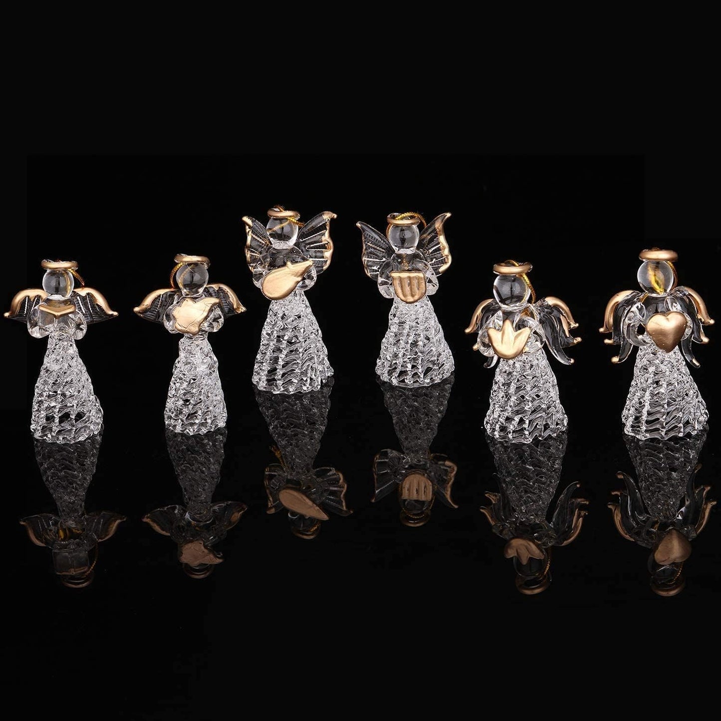 MAFAGE Christmas Angel Ornaments Set, 12 PCS Spun Glass Ornaments with Star/Heart/Praying Hands, Clear Angel Figurine Christmas Tree Pendants for Xmas Season Decor