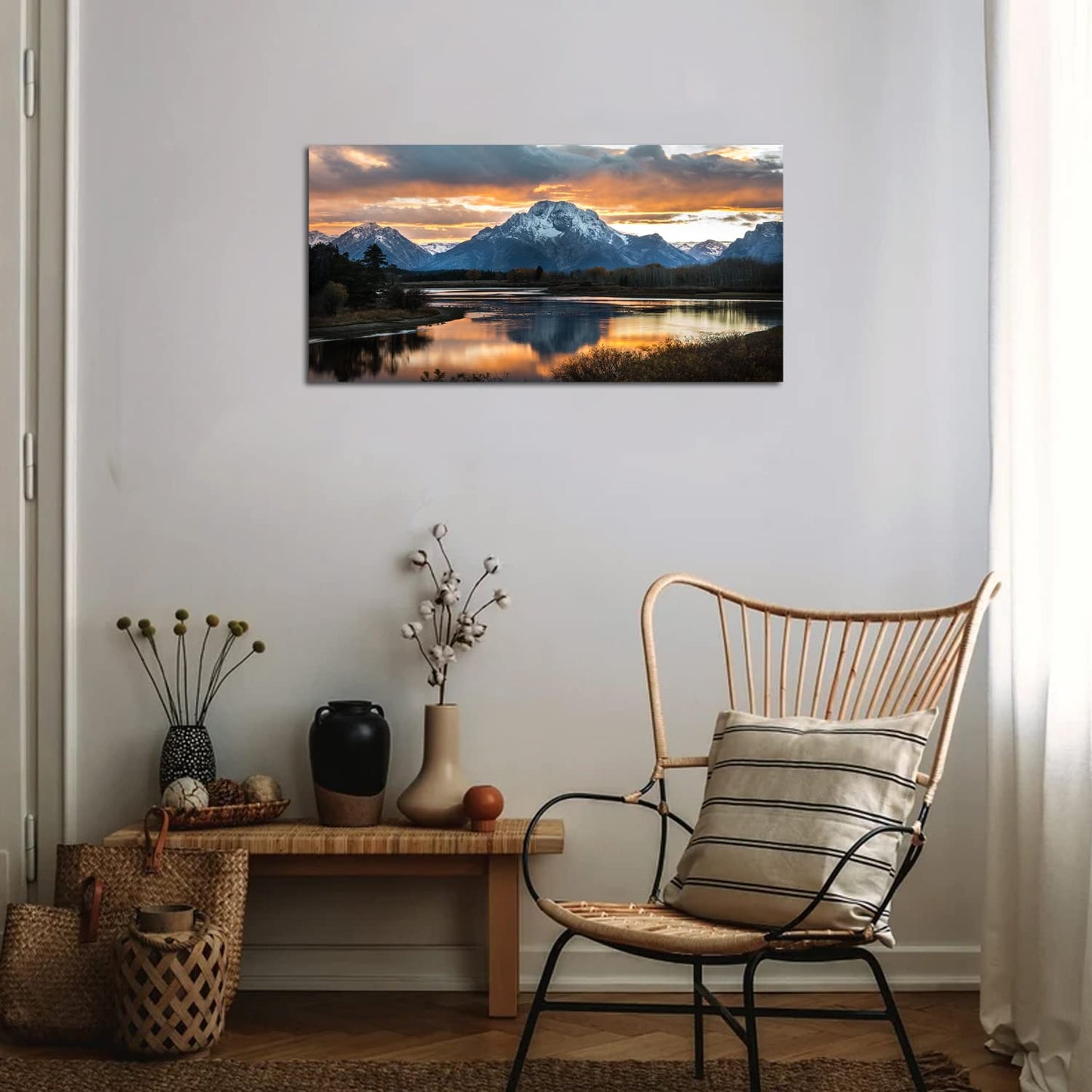 Sunset Mountain Wall Art for Living Room Nature Grand Teton Landscape Canvas Wall Decor National Park Wall Art Oxbow Bend Snake River Scenery Wyoming Painting Artwork Office Home Decoration 20x40"