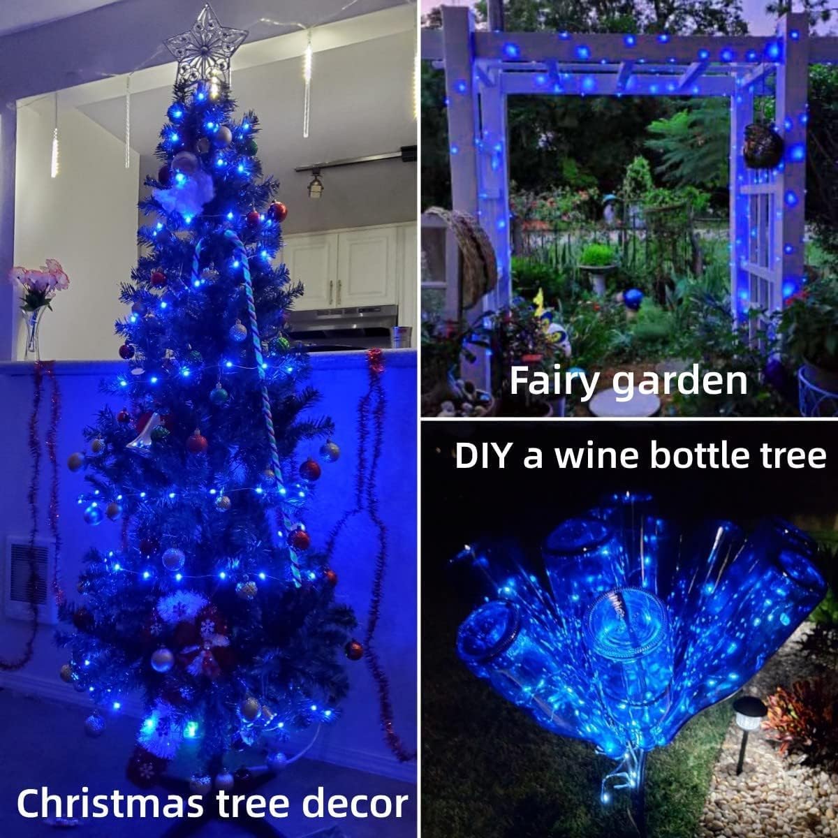 YEGUO 4 Pack Blue Solar Fairy Lights, Each 33ft 100 LED Christmas Lights Outdoor Waterproof, 8 Modes Sliver Wire Solar String Lights