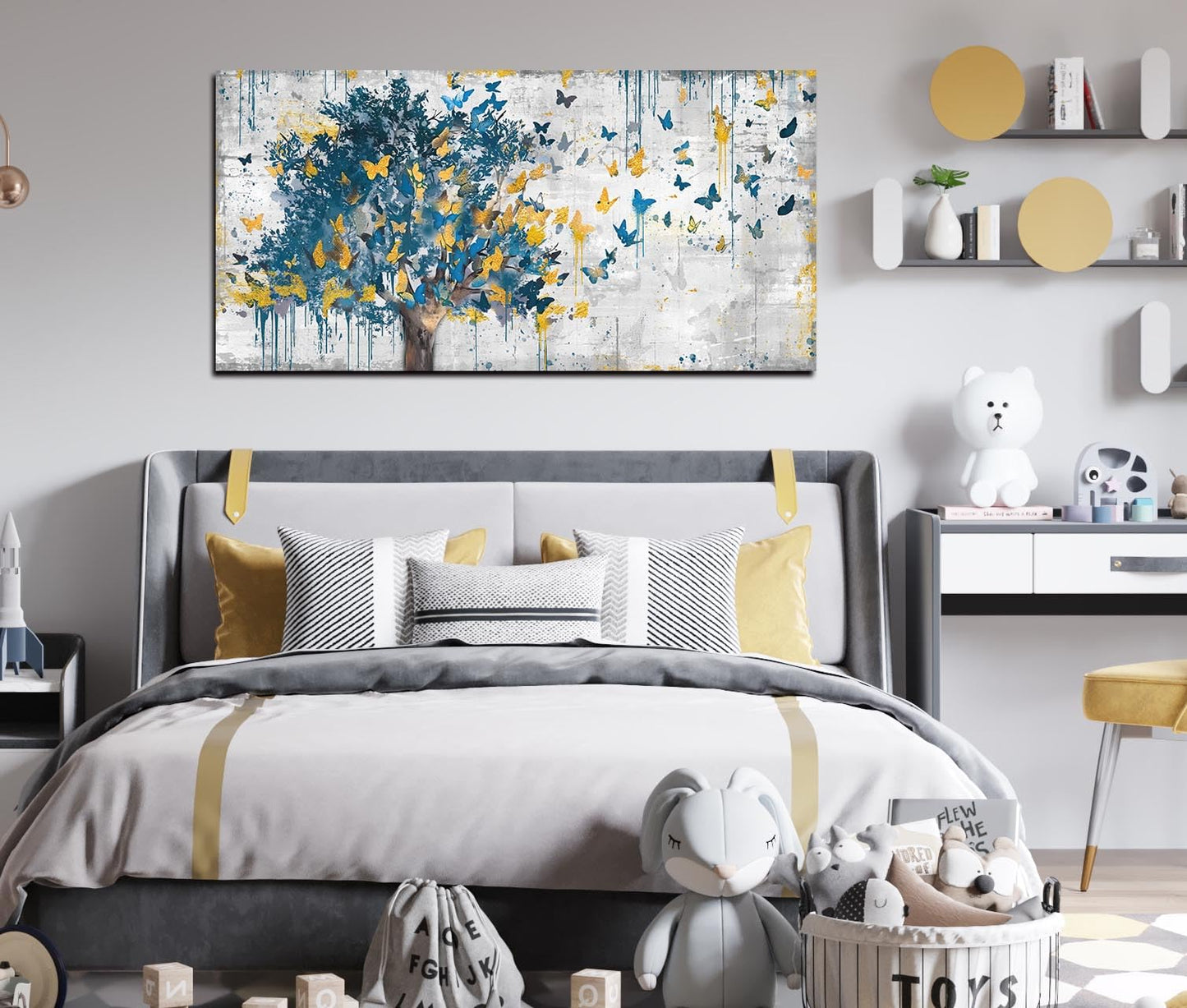 Kepgonegu Large Canvas Wall Art Blue Tree Golden Butterflies Picture Abstract Grey Graffiti Canvas Prints Ready to Hang for Living Room Bedroom Size 20x40