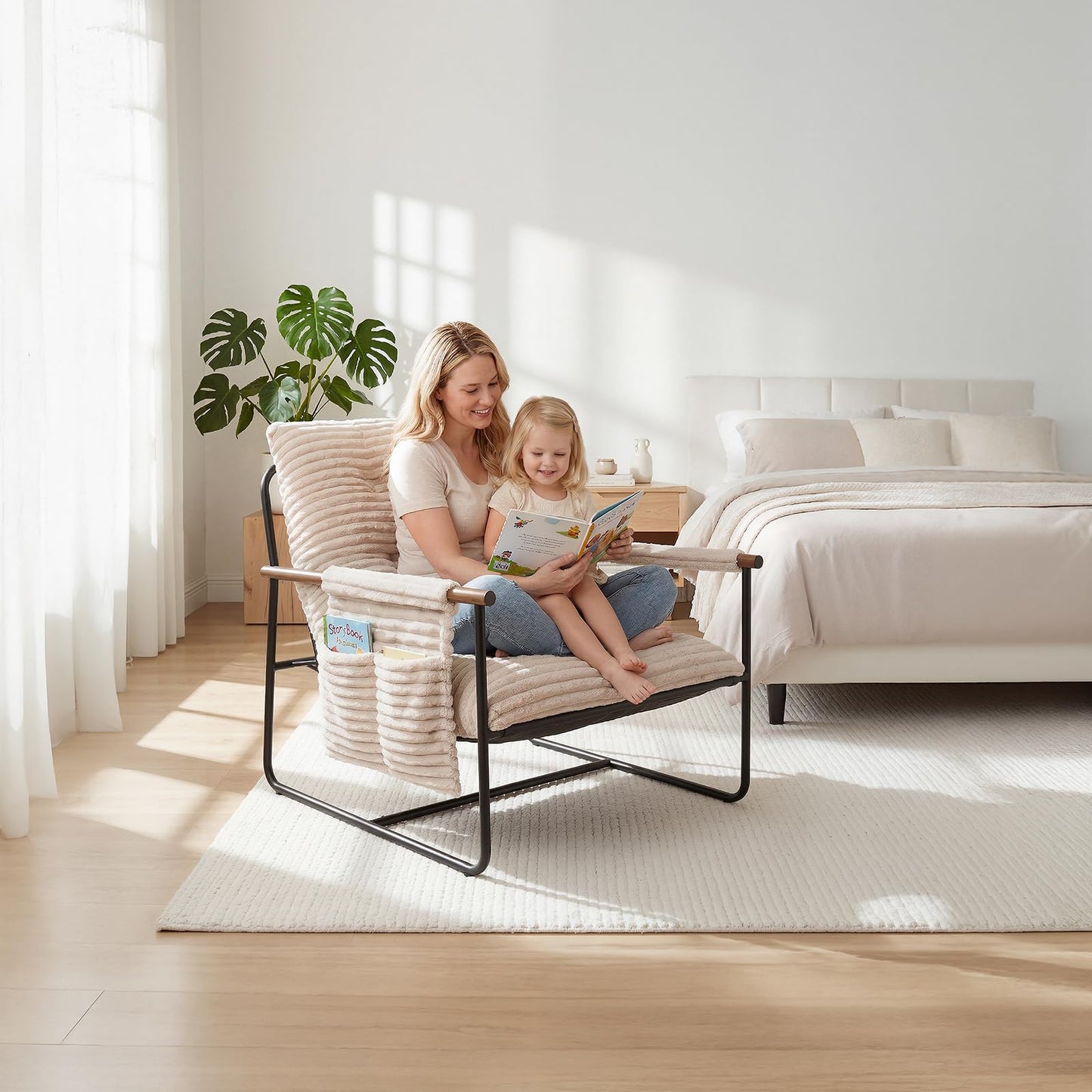 Comfy Accent Chair Modern Living Room Chair Cozy Lounge Chairs Oversized Armchair With Wood Armrests Sturdy Metal Frame Upholstered Reading Chair Soft Cushion sofa Chairs For Bedroom Balcony Porch
