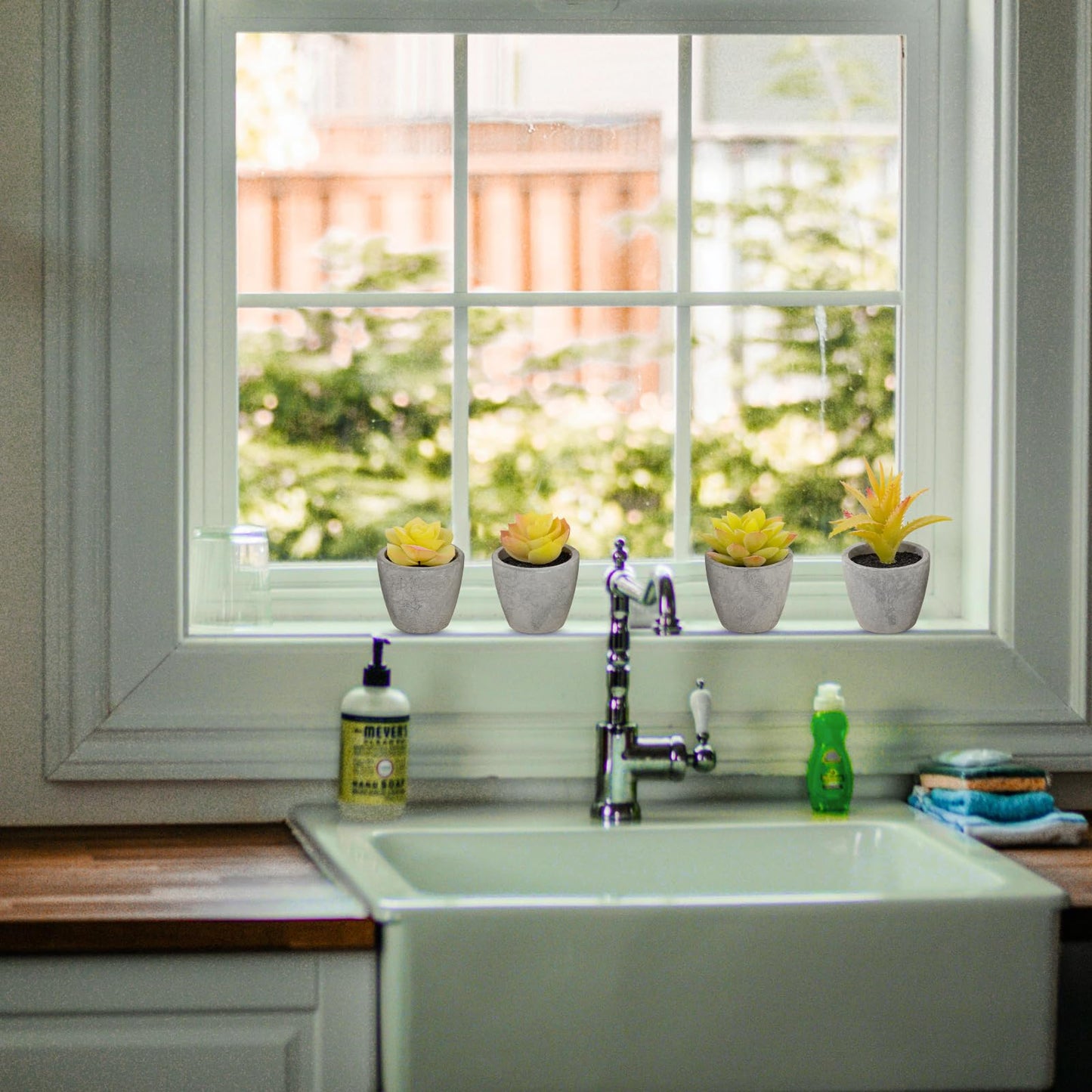 LUZOGA Set of 4 Small Yellow Fake Succulent Plants - Mini Artificial Succulents for Bathroom, Living Room, Office Desk, Coffee Table, Kitchen Shelves - Aesthetic Indoor Shelf Decor