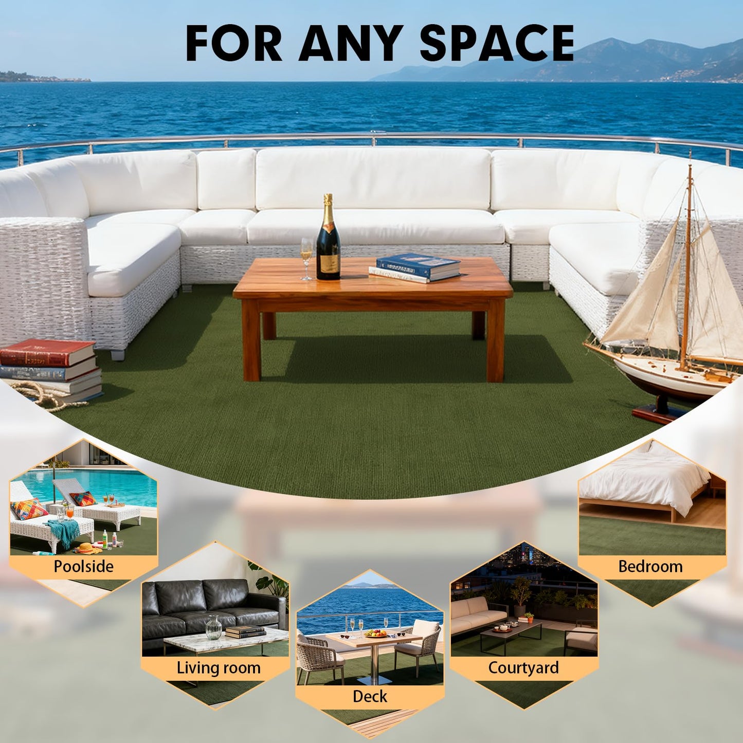 Grefinity Marine Carpet,6 FT x 14 FT Olive Green Indoor Outdoor Carpet 0.2" Thick with Water-Proof TPE Backing, Non-Slide for Home, Patio, Porch, Deck