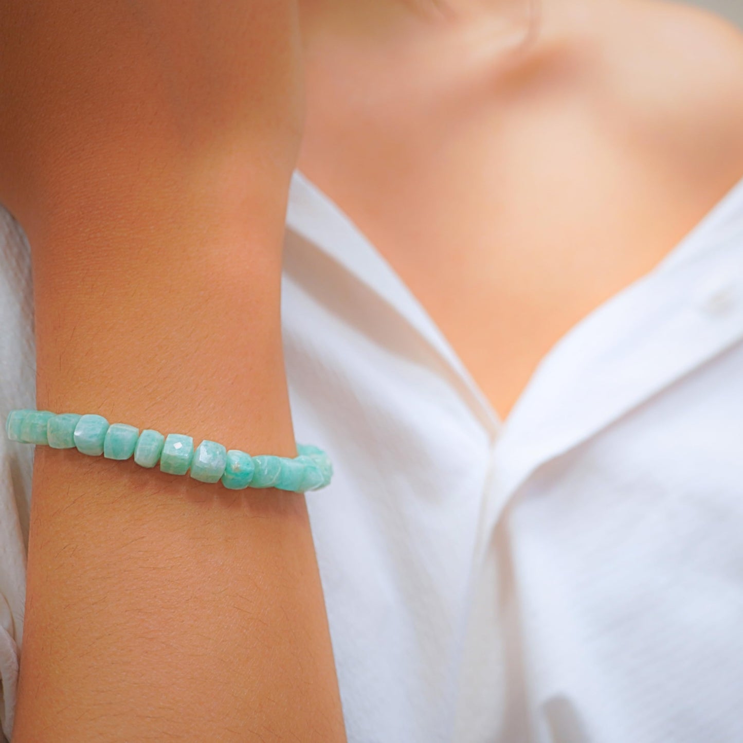 Amazonite Bracelet for Women - Amazonite Crystals and Healing Stones womens Bracelet - Cube Shape Beaded Bracelets - Stretchy Bracelets for Chakra Protection, Meditation and Healing