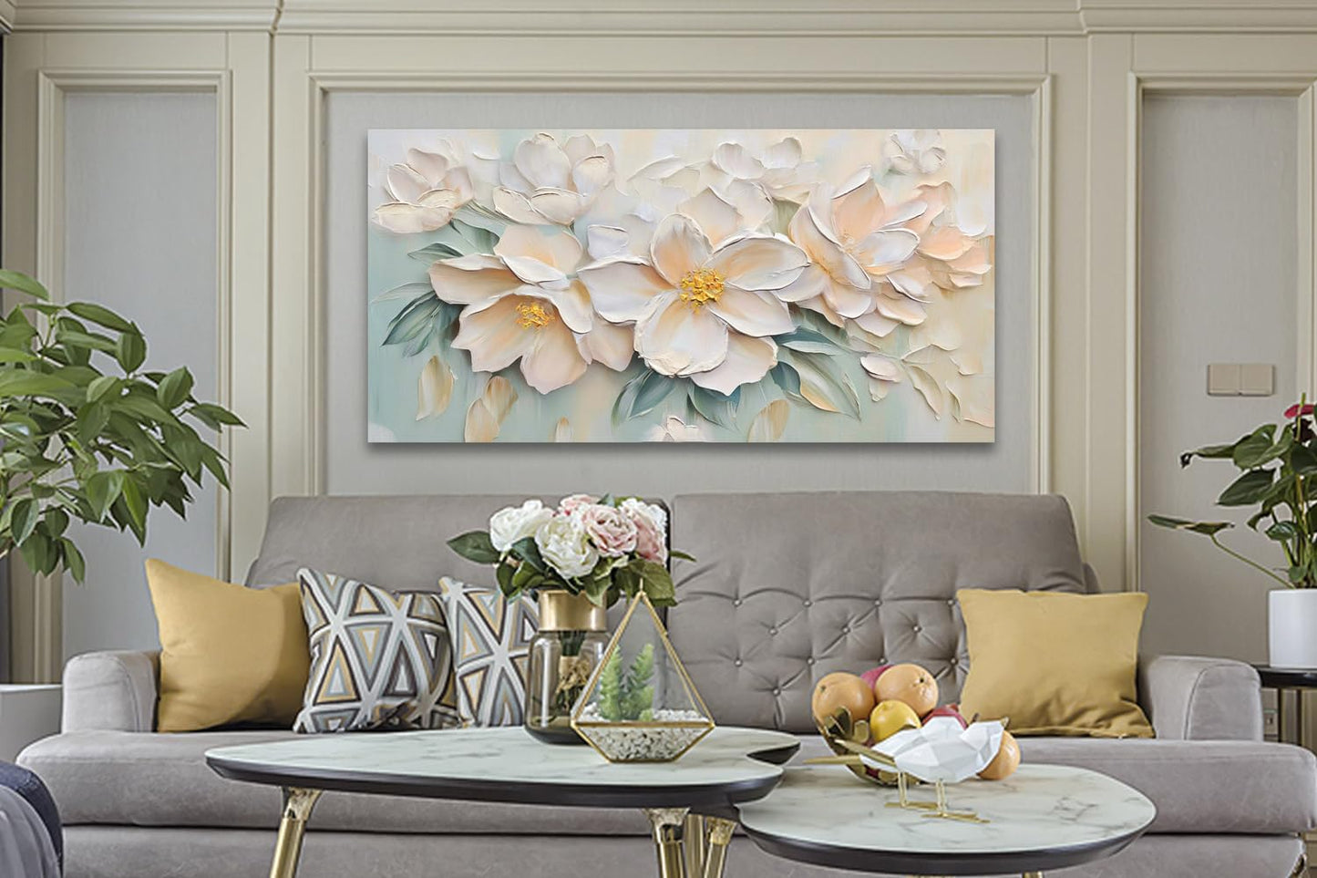 Anolyfi White Textured Flowers Canvas Wall Art for Living Room, Modern Aesthetic Sage Florals Painting Wall Decor for Hallway Bedroom Dining Room Office Home Decor 40"x20"