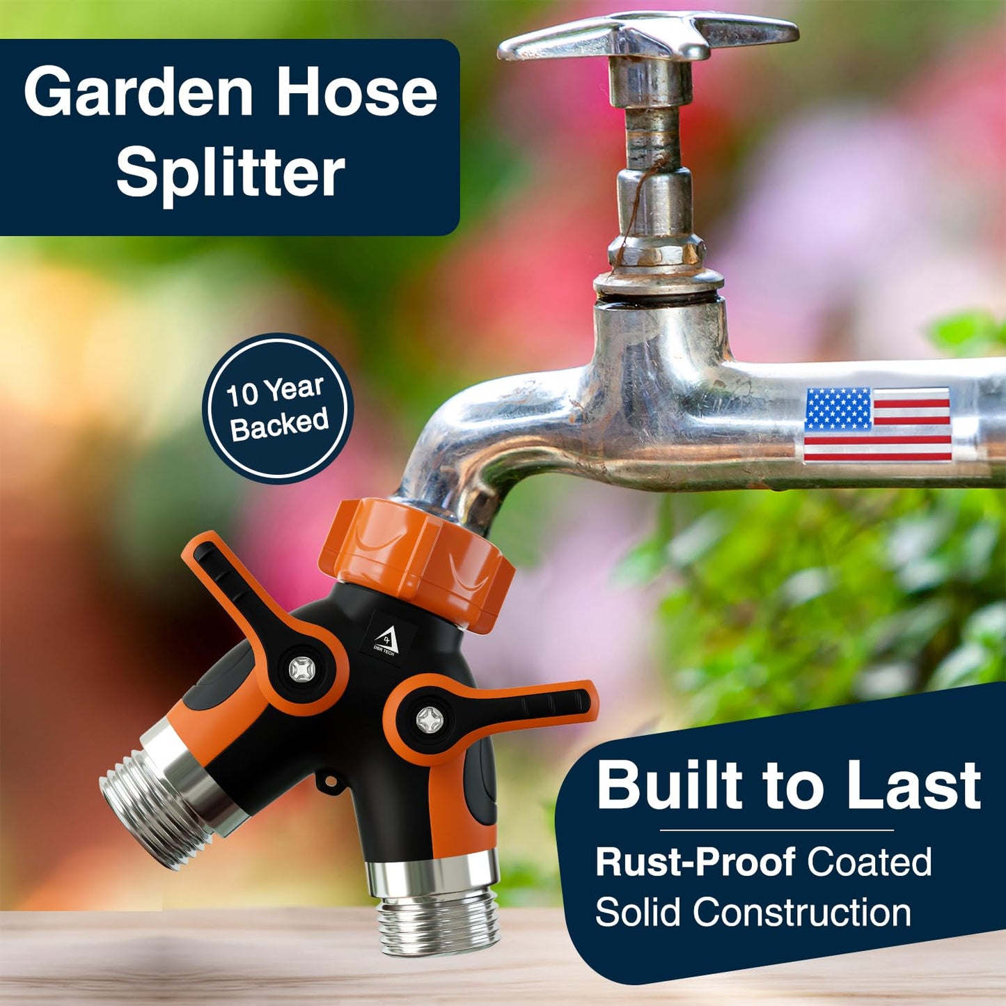 DBR Tech® Hose Splitter 2 Way, Heavy Duty Metal Connector, Two Way Garden Hose Splitter, High Flow Spigot Faucet Bib Adapter, Solid Double Y Shut Off Valve for Outdoor Gardening Hoses, Orange