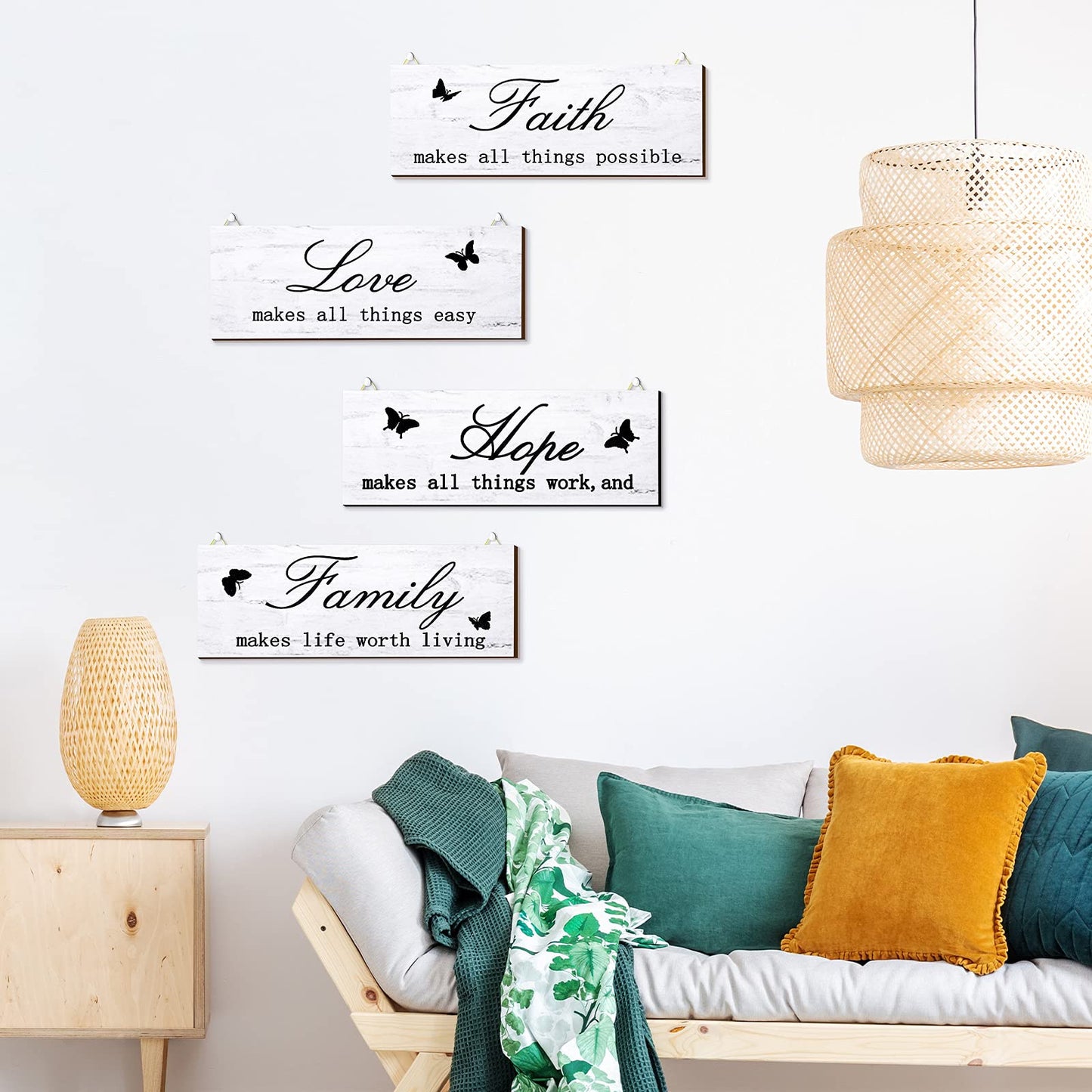4 Pieces Faith Love Hope Family Wood Sign Farmhouse Wooden Family Sign with Quotes Faith Love Hope Family Home Sign Plaque Rustic Wooden Home Wall Sign for Front Porch Door Wall, 10 x 4 Inch (White)