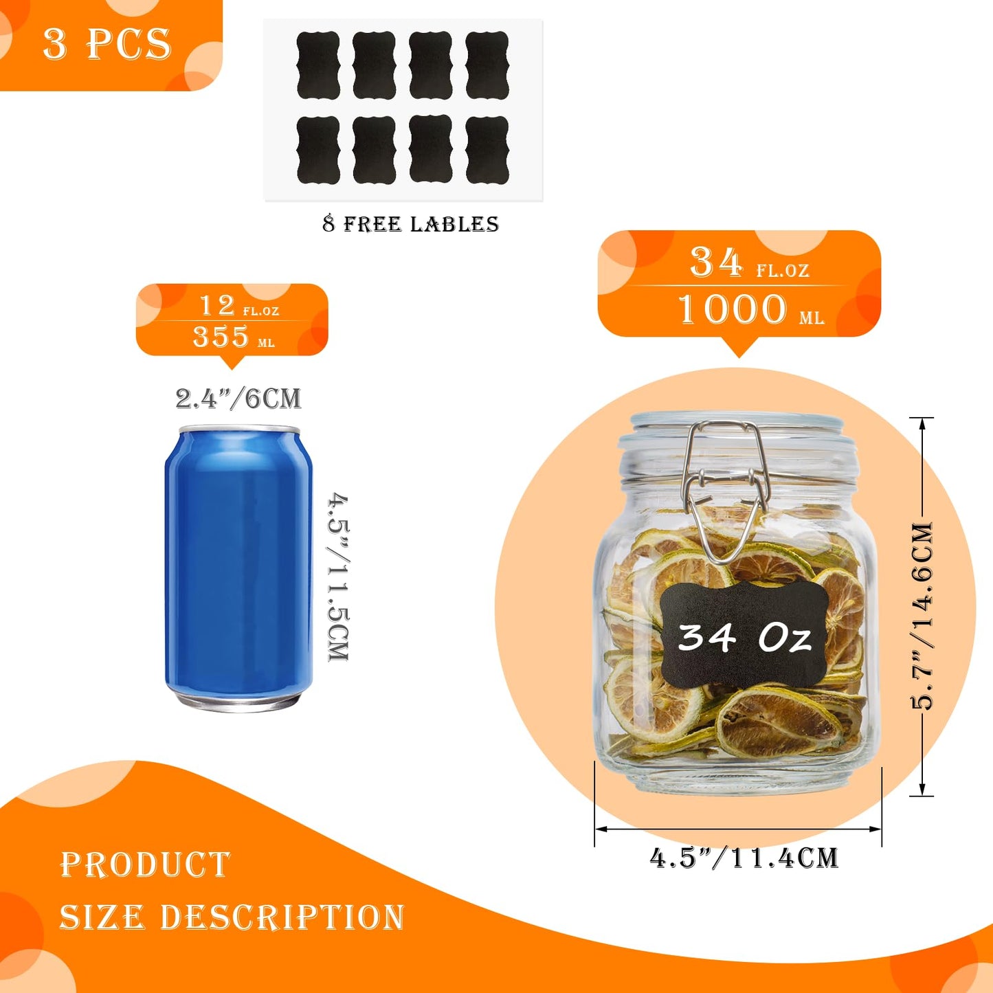 LOOIOOJ 34oz Square Glass Food Storage Jars with Airtight Clamp Lids, 3 Pack Large Kitchen Canisters for Flour, Cereal, Coffee, Pasta and Canning, Mason Jar (Clear 34oz Square - 3 sets)